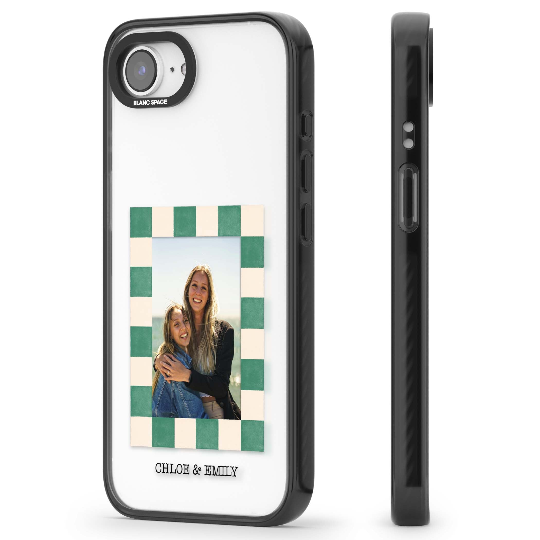 Seafoam Check Photo personalised iPhone case featuring a custom polaroid photo, green and cream checkered frame, and custom n | Black Impact case for iPhone 16e, iPhone 17e