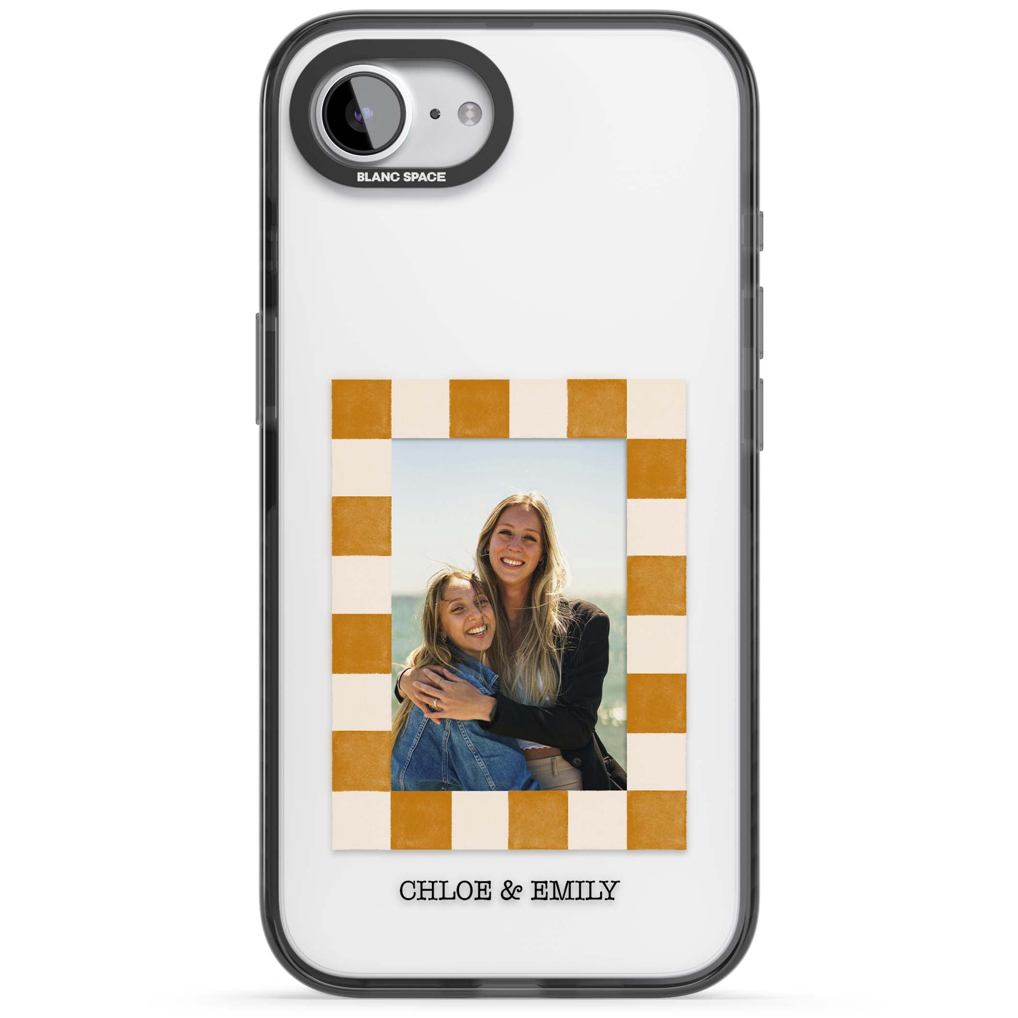 Citrus Check Photo personalised iPhone case with custom photo, orange checkered frame and names underneath | Black Impact case for iPhone 16e, iPhone 17e