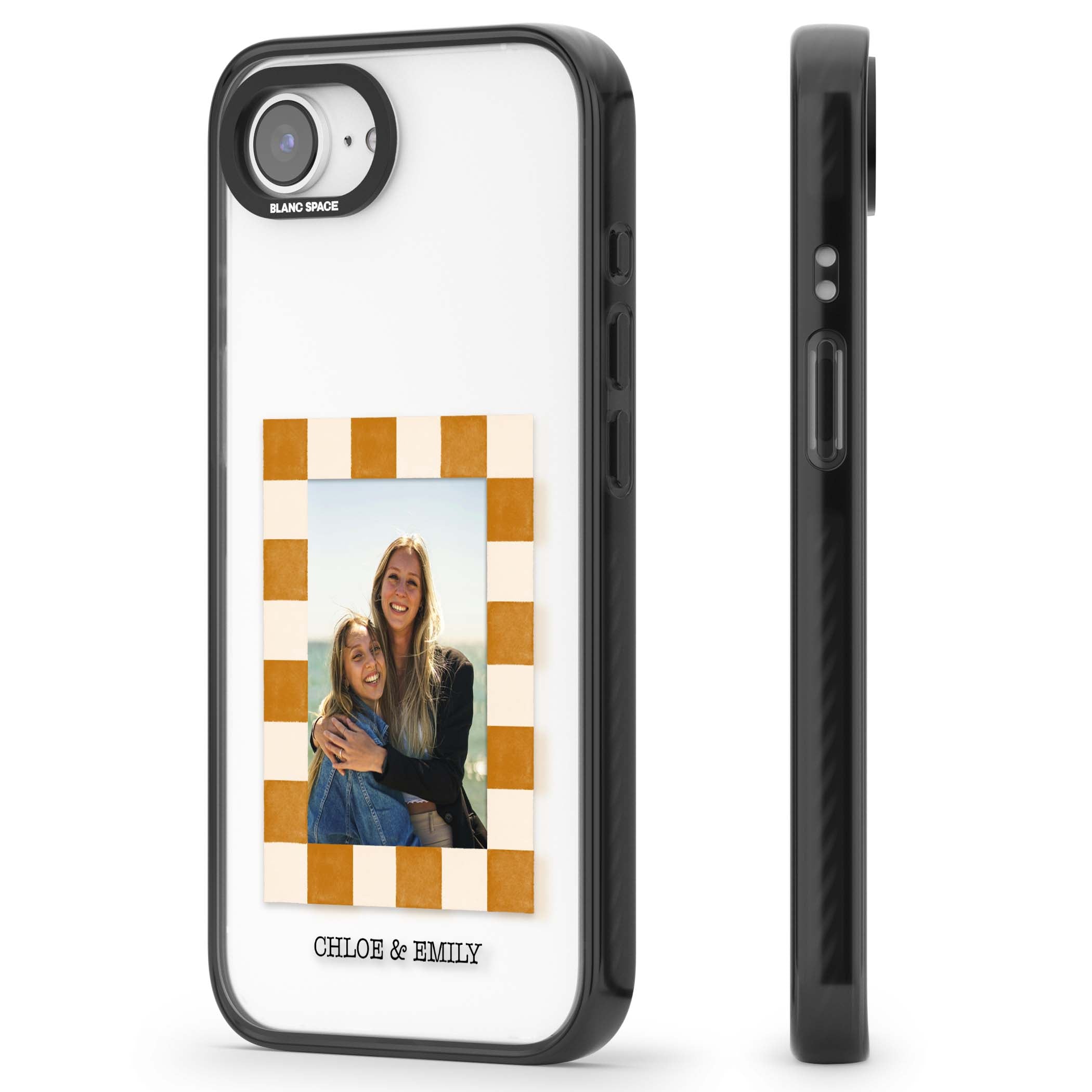 Citrus Check Photo personalised iPhone case with custom photo, orange checkered frame and names underneath | Black Impact case for iPhone 16e, iPhone 17e