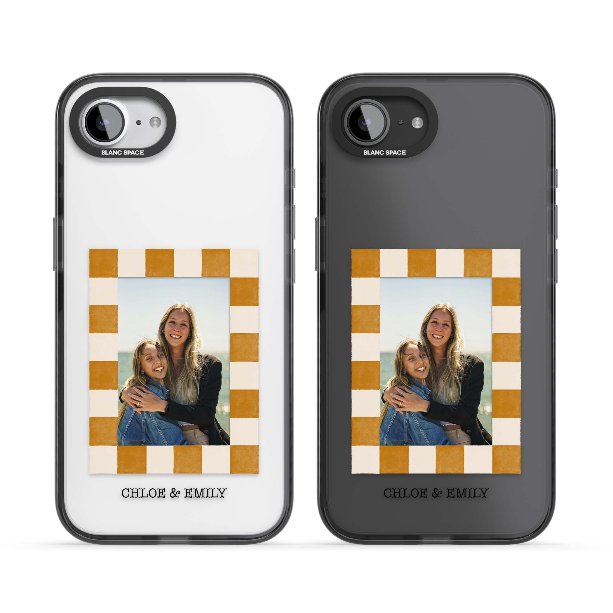 Citrus Check Photo personalised iPhone case with custom photo, orange checkered frame and names underneath | Black Impact case for iPhone 16e, iPhone 17e