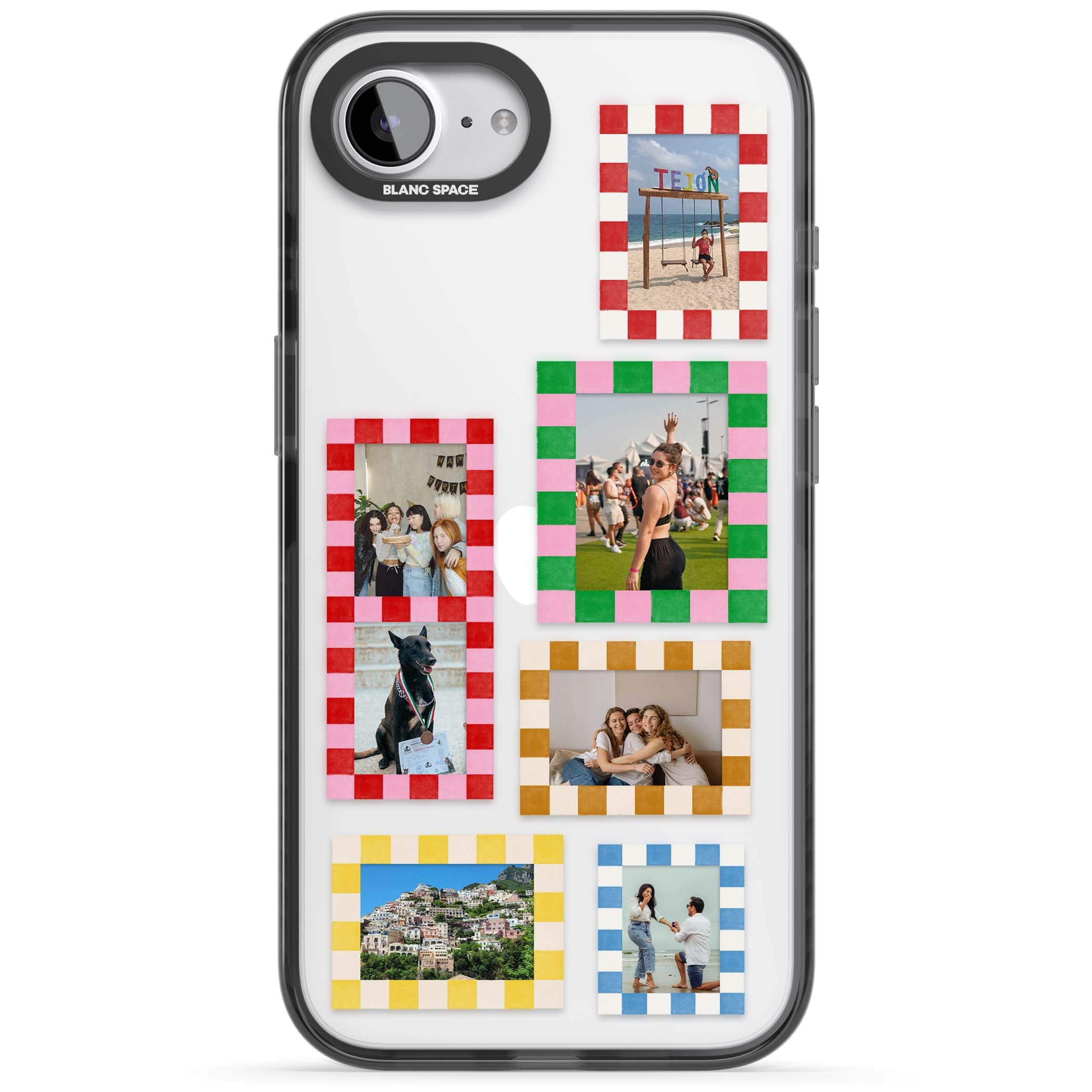 Italian Check Frames custom photo collage iPhone case featuring six checkered photo frames in red, green, pink and | Black Impact case for iPhone 16e, iPhone 17e