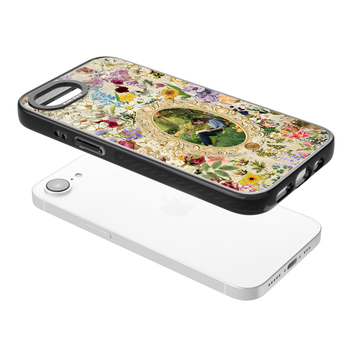 Personalised Vintage Wildflower Frame iPhone 16e / iPhone 17e Impact Black Phone Case angled