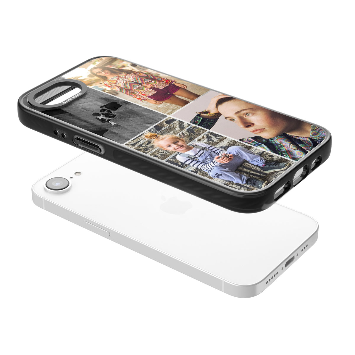 Personalised 4 Photo Grid iPhone 16e / iPhone 17e Impact Black Phone Case angled