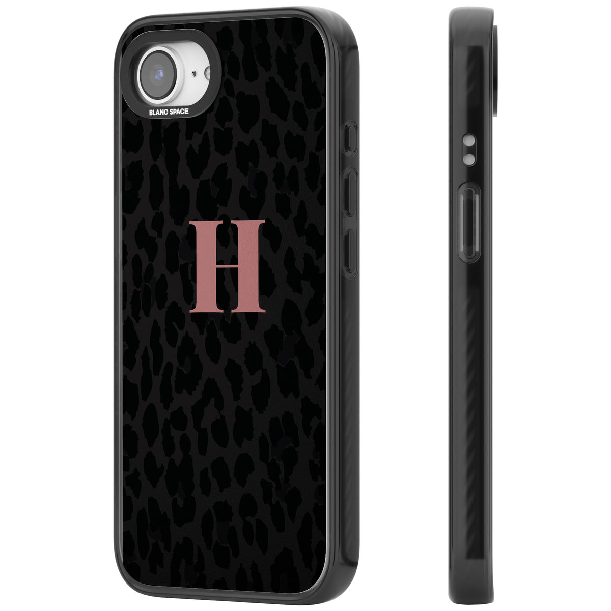 Personalised Leopard Pink Monogram iPhone 16e / iPhone 17e Impact Black Phone Case side