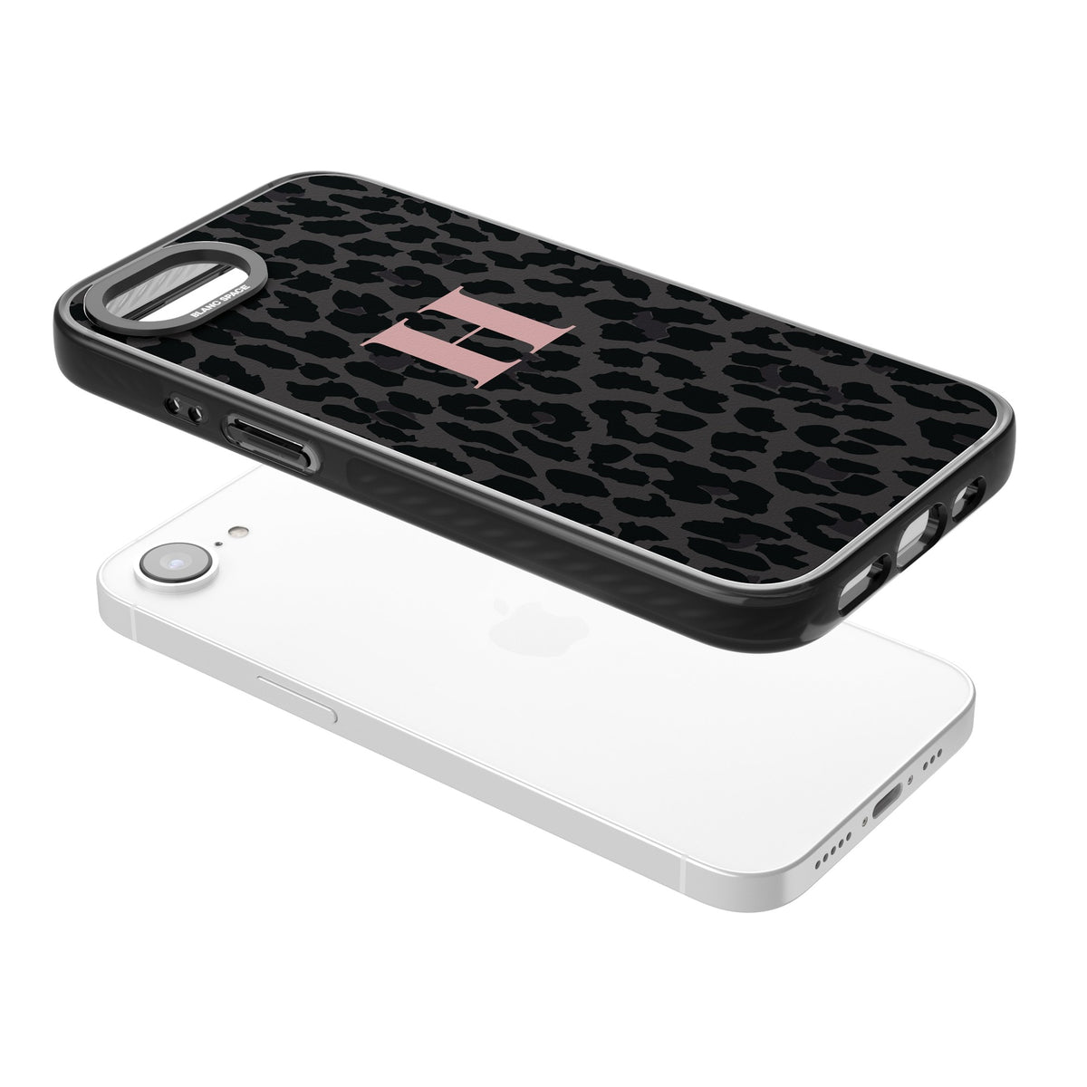 Personalised Leopard Pink Monogram iPhone 16e / iPhone 17e Impact Black Phone Case angled