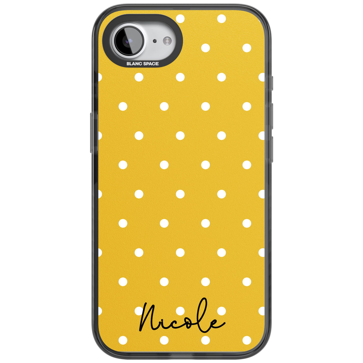 Personalised Yellow Polka Dot iPhone 16e / iPhone 17e Impact Black Phone Case front