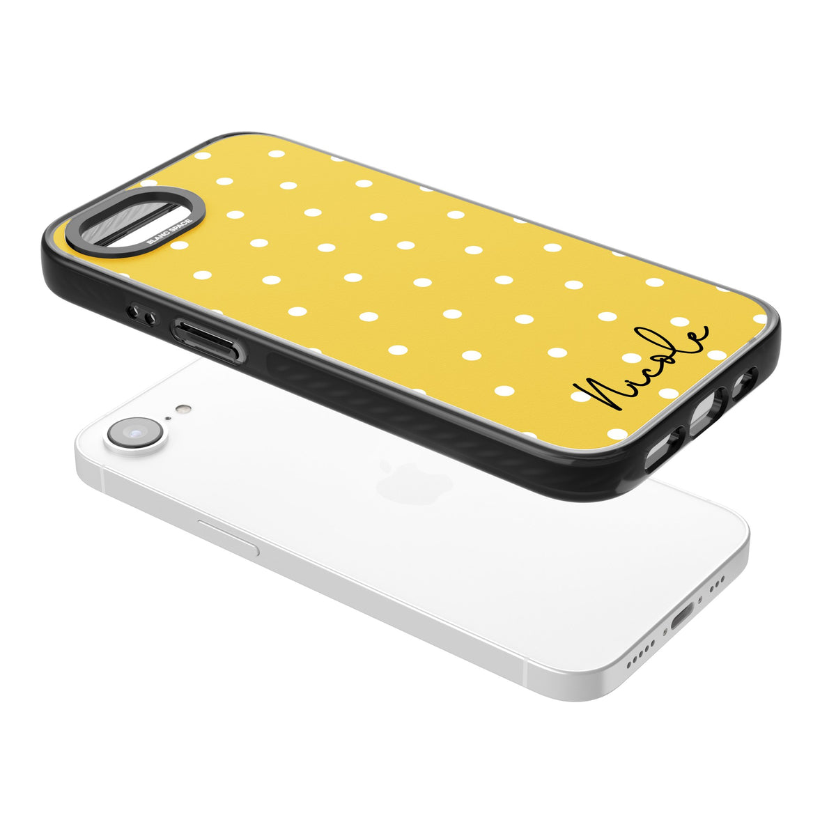 Personalised Yellow Polka Dot iPhone 16e / iPhone 17e Impact Black Phone Case angled