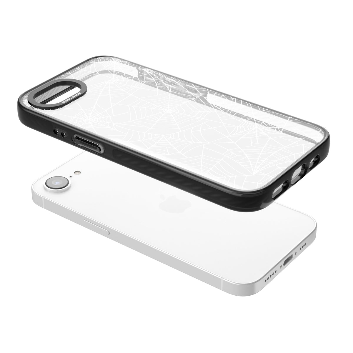 Spider Webs iPhone 16e / iPhone 17e Impact Black Phone Case angled