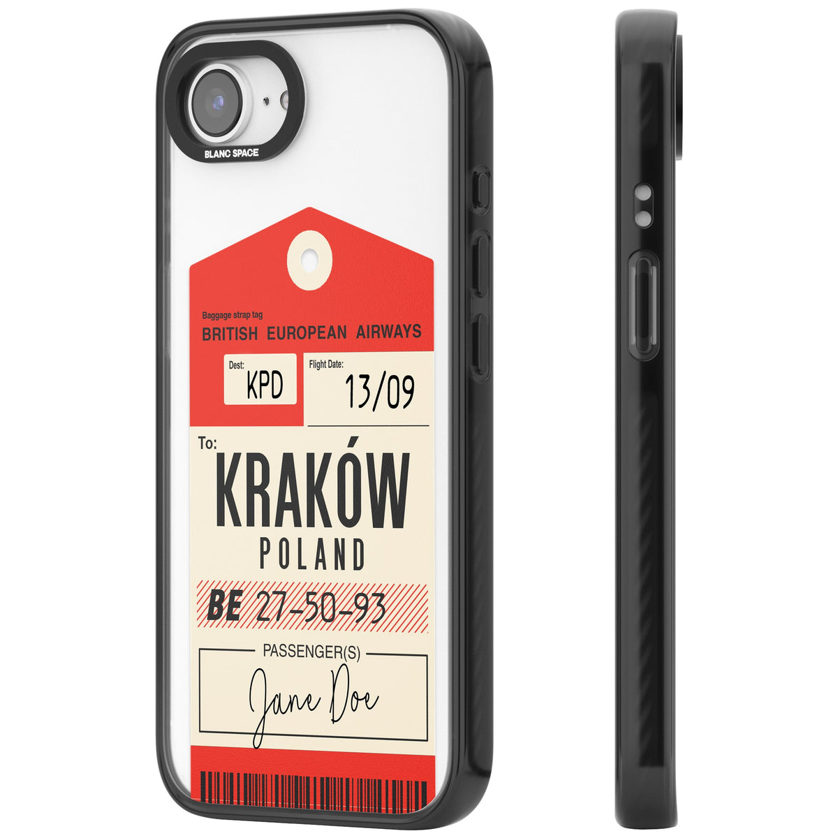 Personalised Vintage Luggage Tag iPhone 16e / iPhone 17e Impact Black Phone Case side