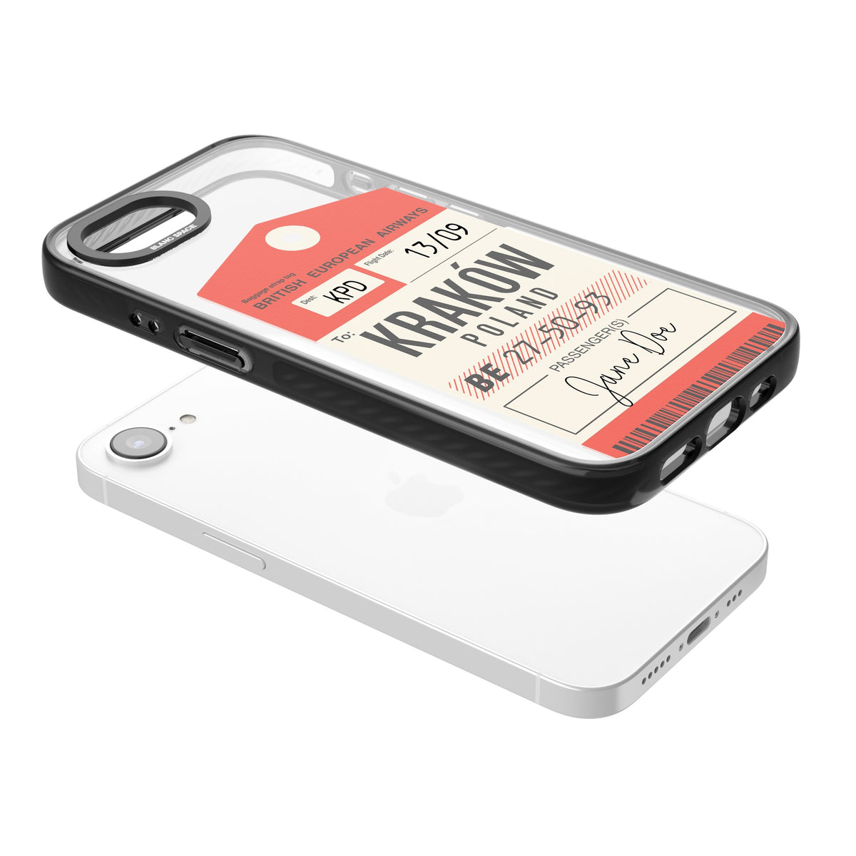 Personalised Vintage Luggage Tag iPhone 16e / iPhone 17e Impact Black Phone Case angled