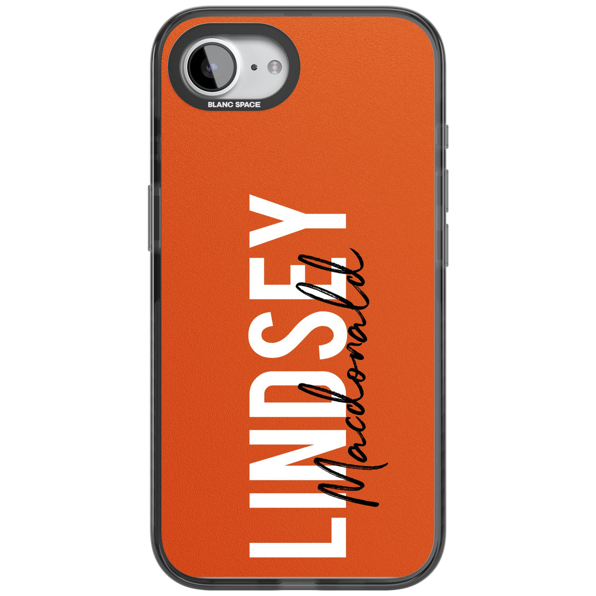 Personalised Bold Name: Orange iPhone 16e / iPhone 17e Impact Black Phone Case front