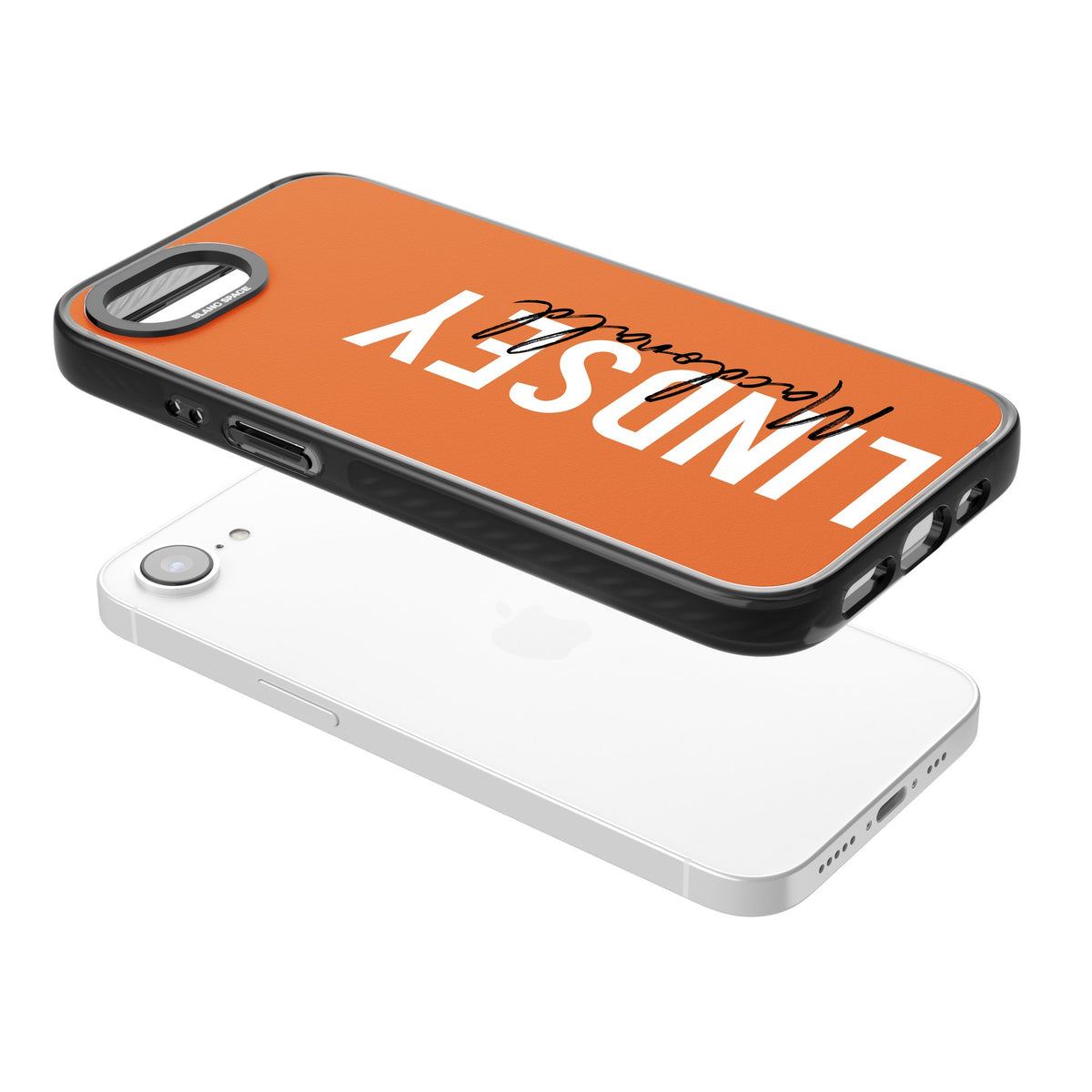 Personalised Bold Name: Orange iPhone 16e / iPhone 17e Impact Black Phone Case angled