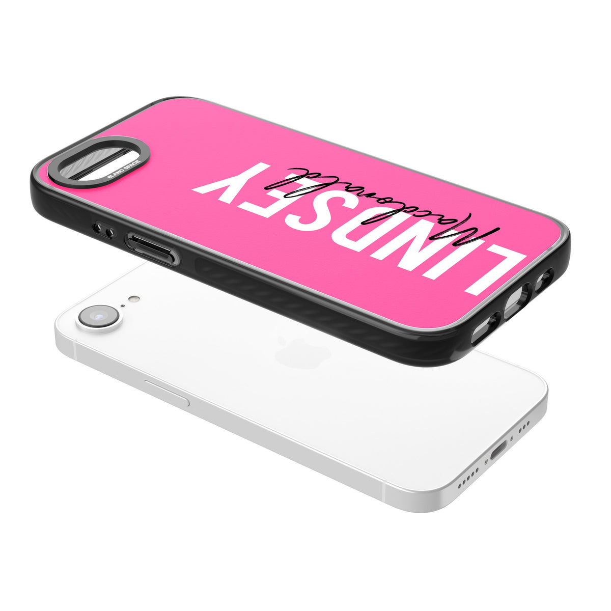 Personalised Bold Name: Pink iPhone 16e / iPhone 17e Impact Black Phone Case angled