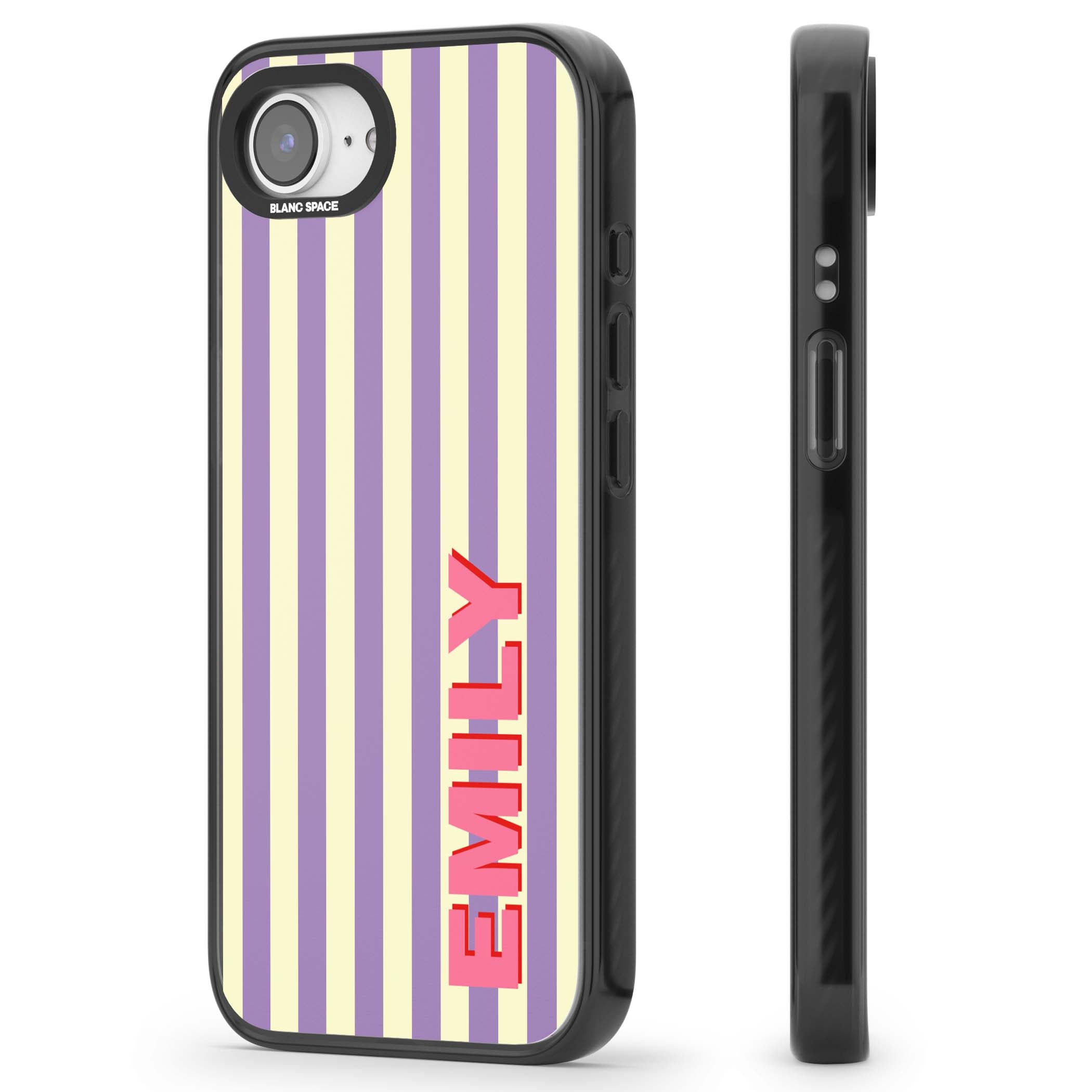 Valensole Stripe personalised iPhone case with purple and cream vertical stripes and pink custom name | Black Impact case for iPhone 16e, iPhone 17e