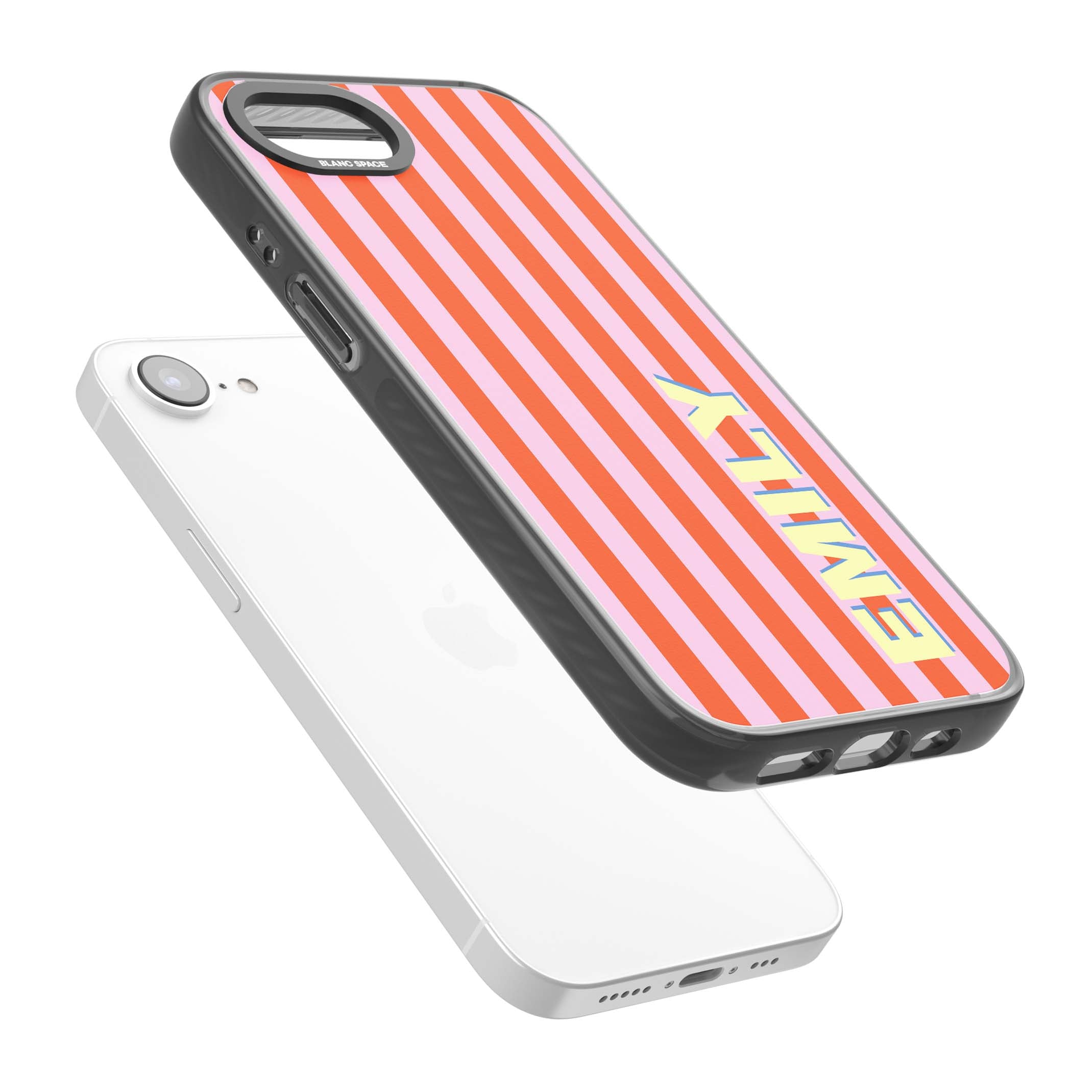 Havana Stripe personalised iPhone case featuring pink and orange vertical stripes with a custom yellow name | Black Impact case for iPhone 16e, iPhone 17e