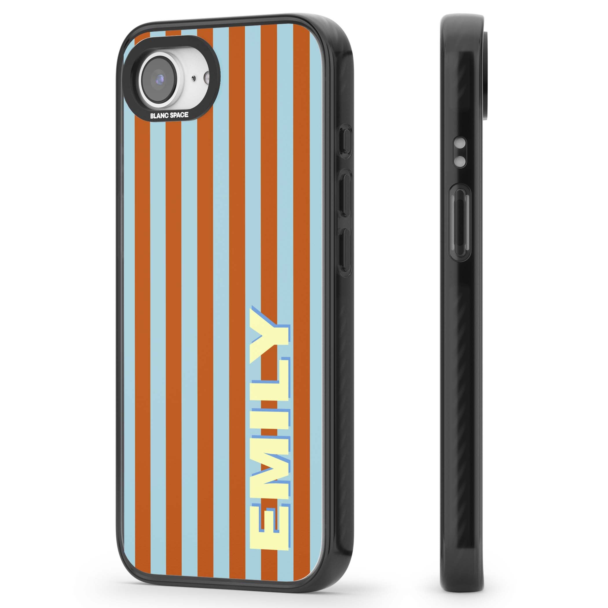 Cappadocia Stripe personalised coastal iPhone case featuring blue and orange vertical stripes with custom cream name | Black Impact case for iPhone 16e, iPhone 17e