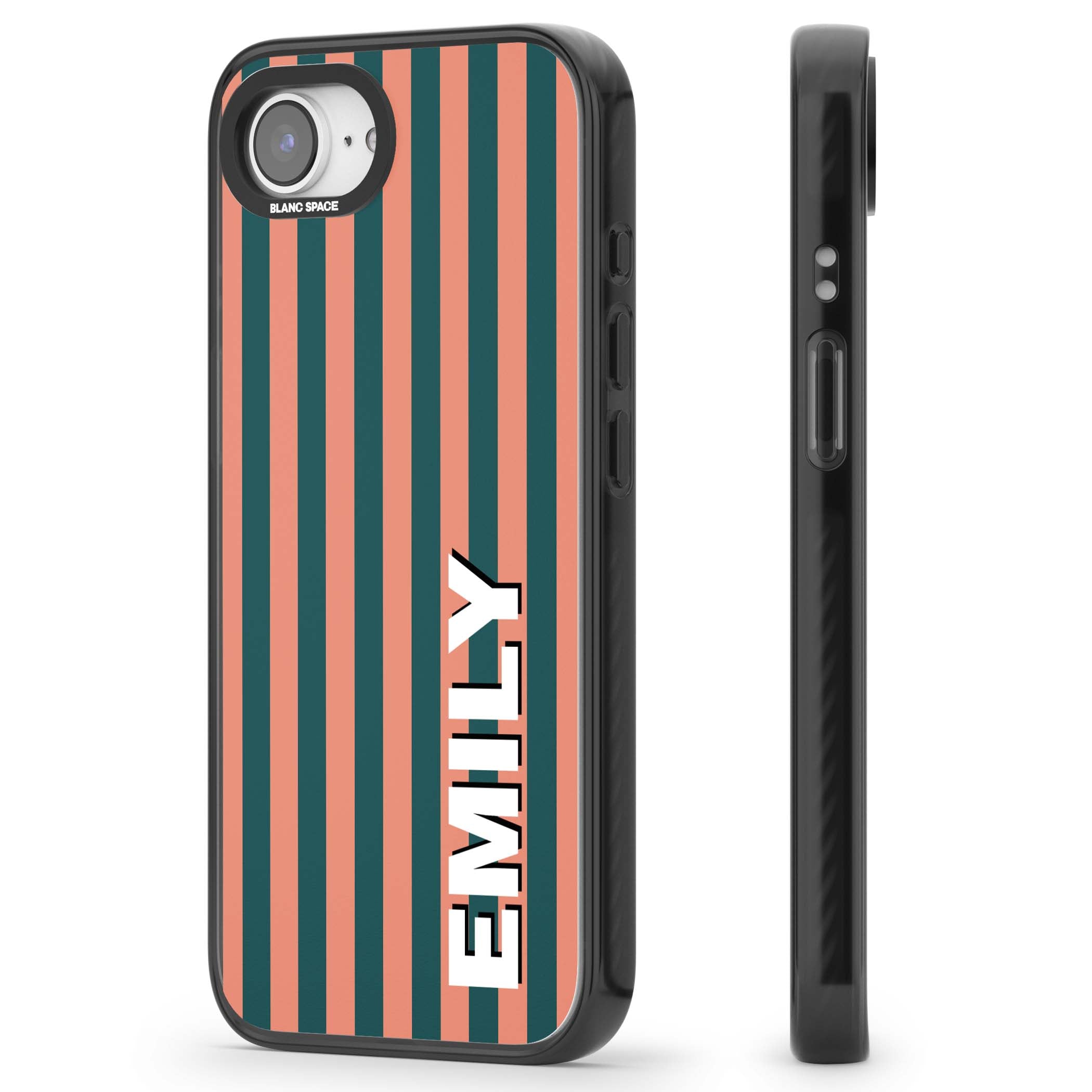 Tuscan Stripe personalised iPhone case featuring coral and green vertical stripes with bold custom name | Black Impact case for iPhone 16e, iPhone 17e