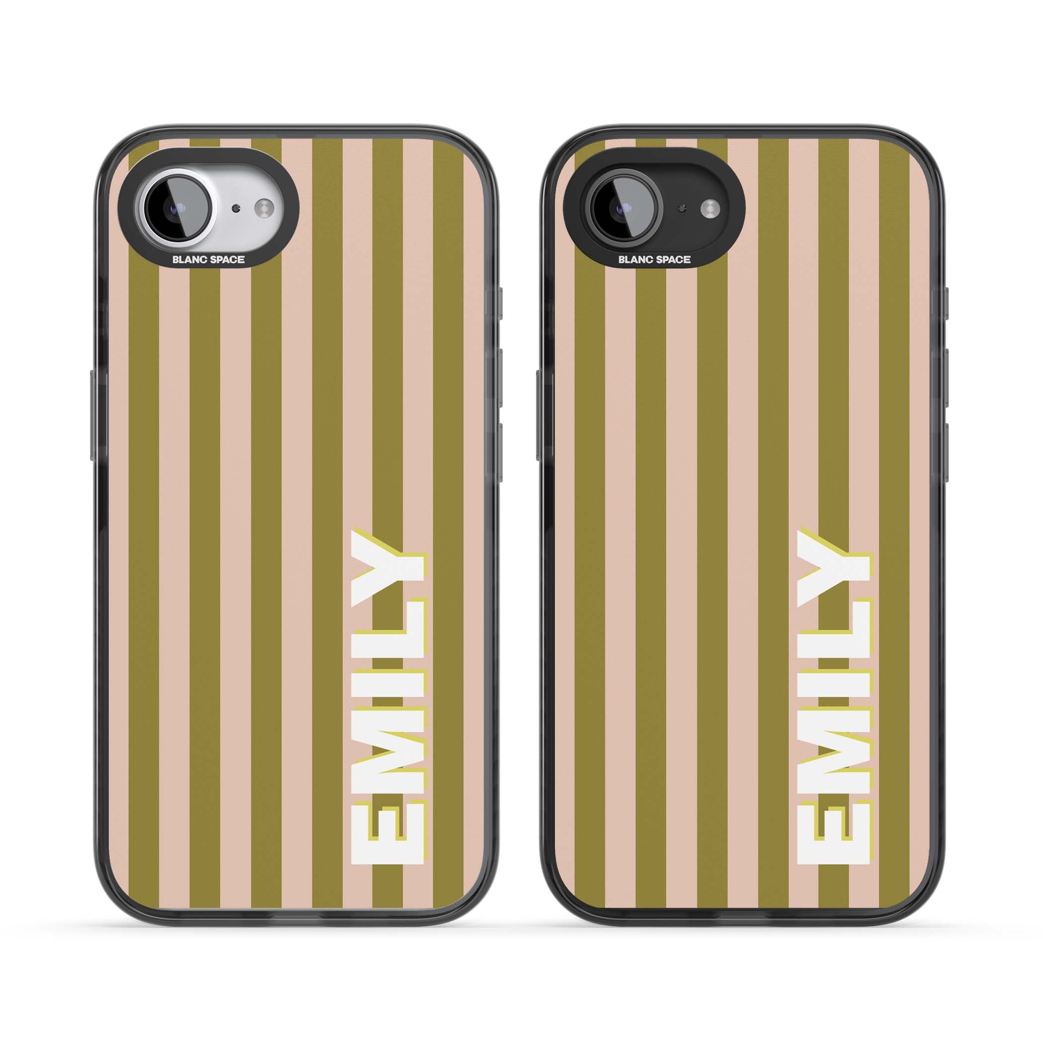 Indian Stripe personalised iPhone case featuring olive green and blush pink vertical stripes with custom name in whit | Black Impact case for iPhone 16e, iPhone 17e