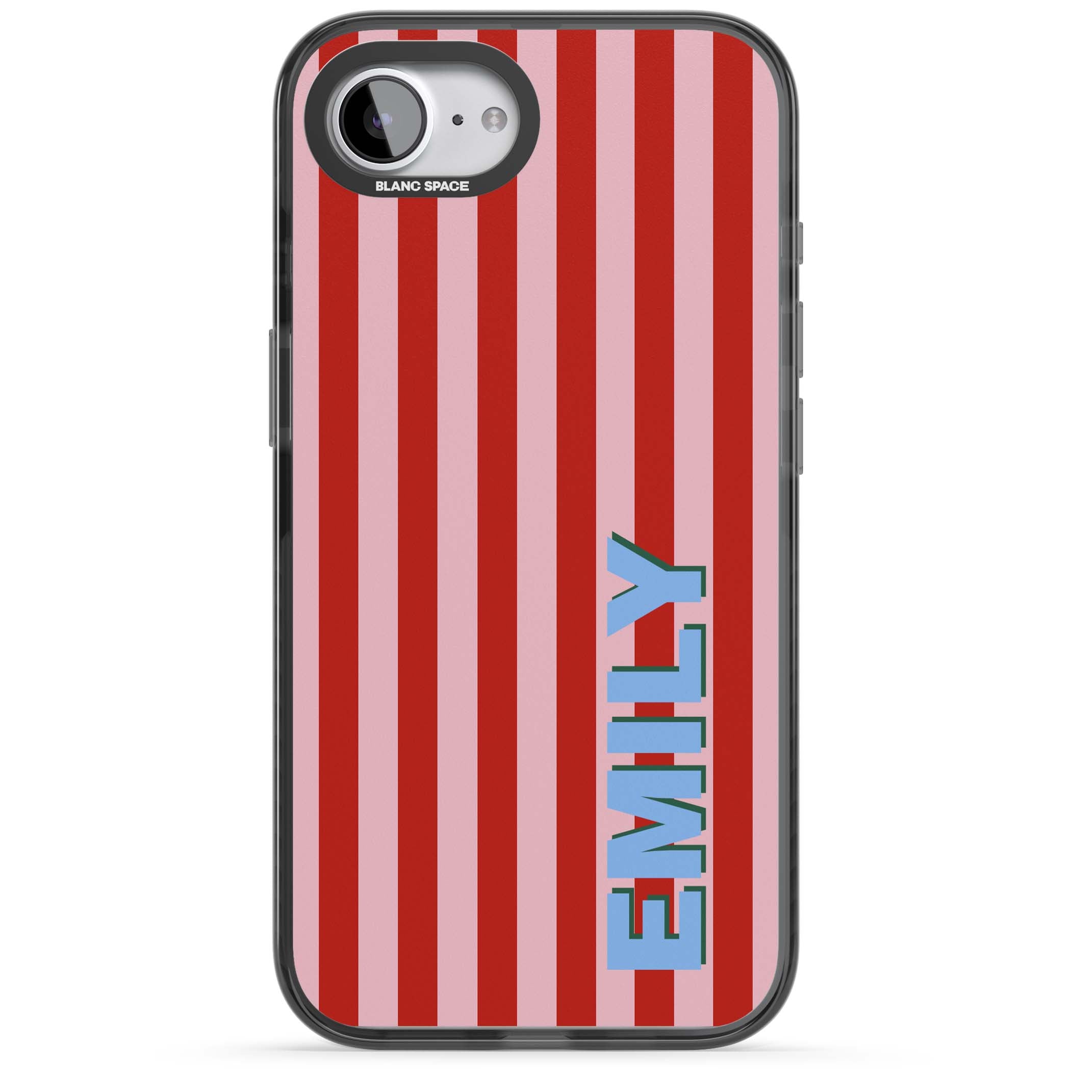 Market Stripe personalised iPhone case with red and pink vertical stripes and custom blue name | Black Impact case for iPhone 16e, iPhone 17e