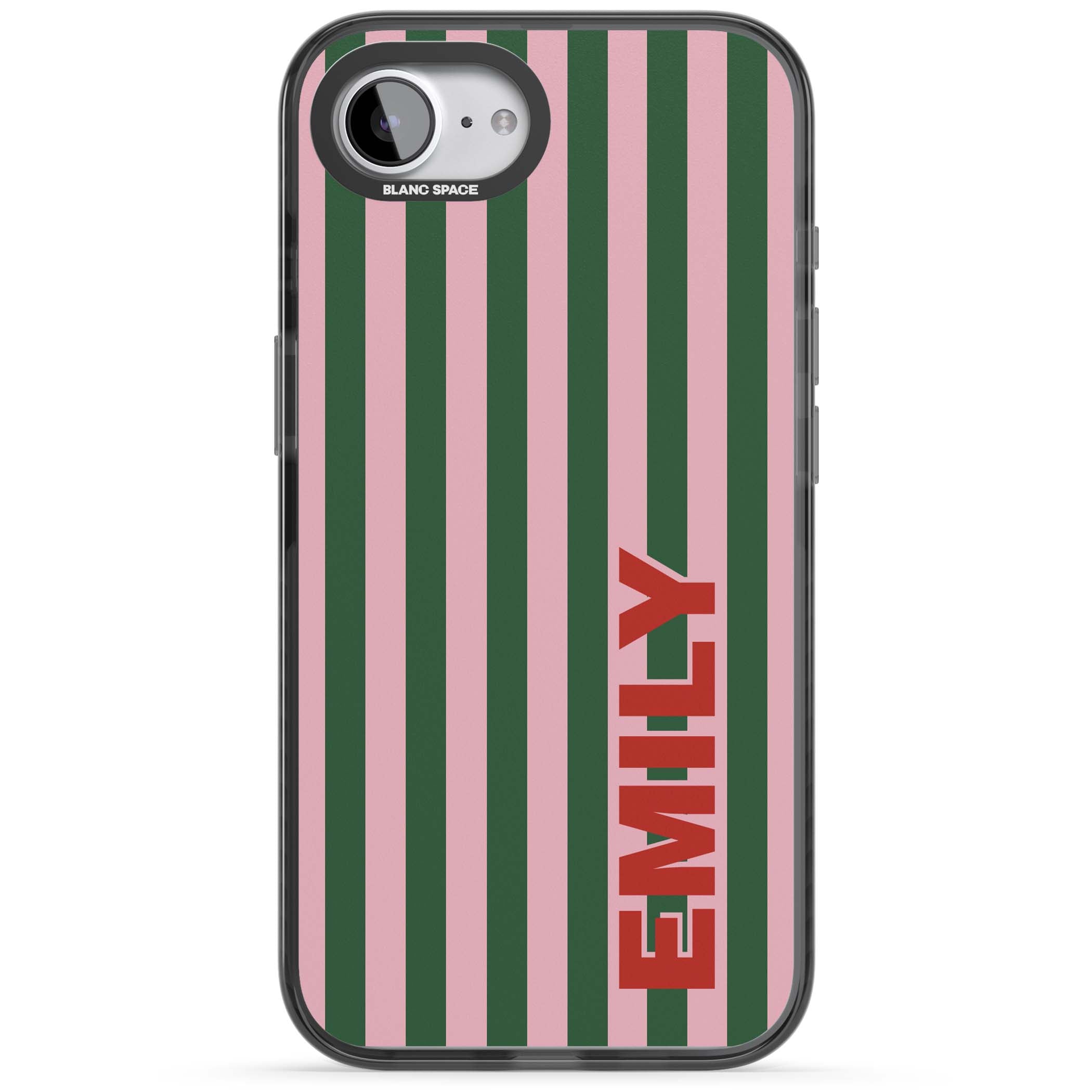 Italian Stripe preppy iPhone case featuring pink and green vertical stripes with personalised red name | Black Impact case for iPhone 16e, iPhone 17e
