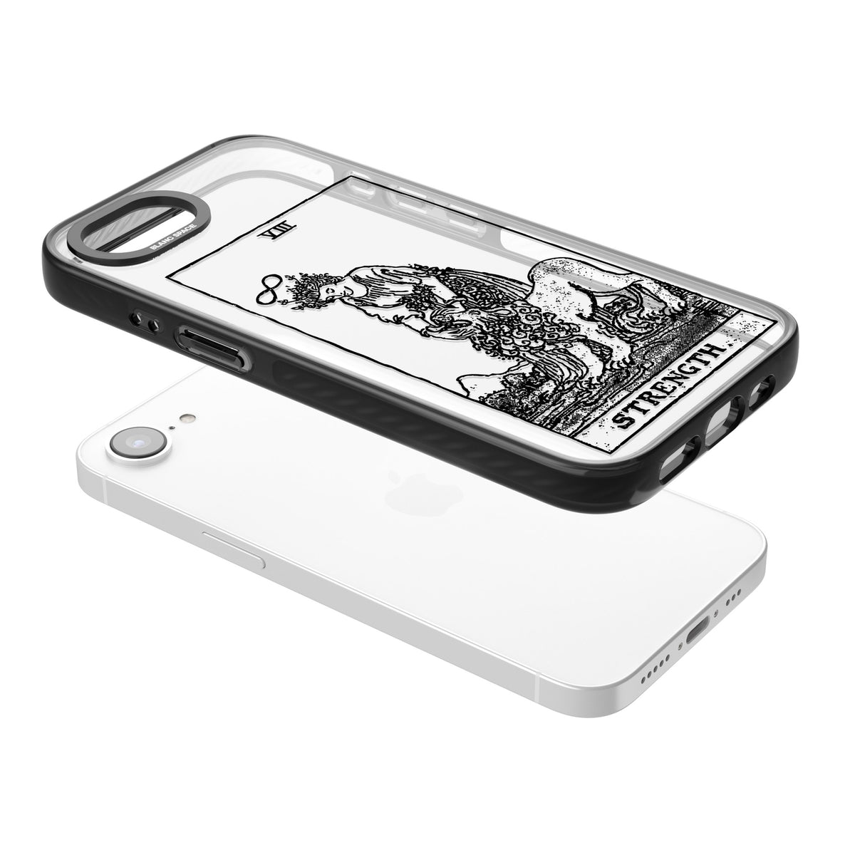 Personalised Strength Tarot Card (Clear) iPhone 16e / iPhone 17e Impact Black Phone Case angled
