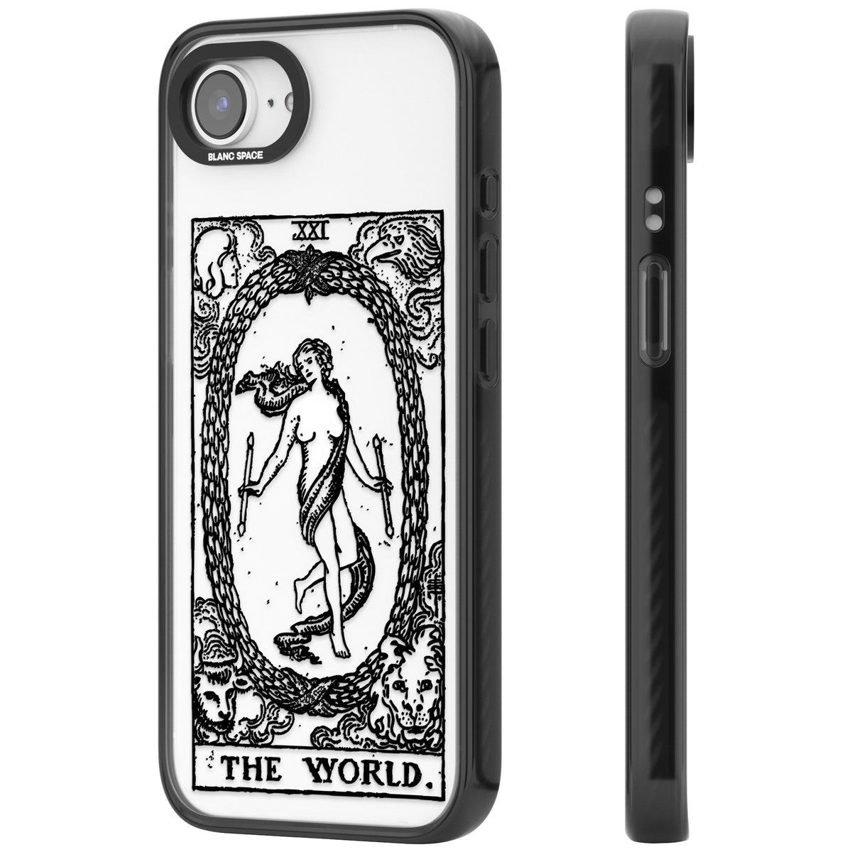 Personalised The World Tarot Card (Clear) iPhone 16e / iPhone 17e Impact Black Phone Case side