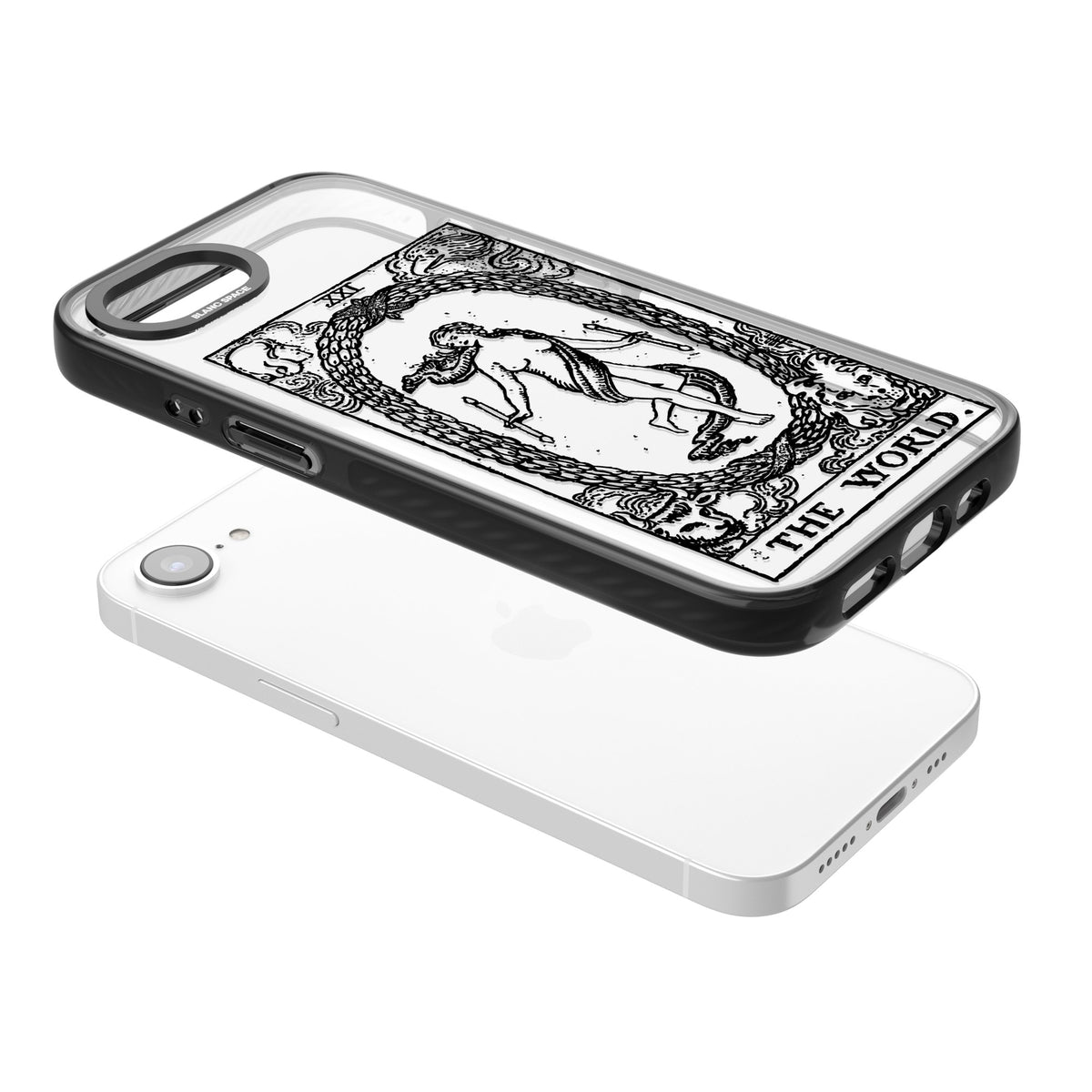 Personalised The World Tarot Card (Clear) iPhone 16e / iPhone 17e Impact Black Phone Case angled