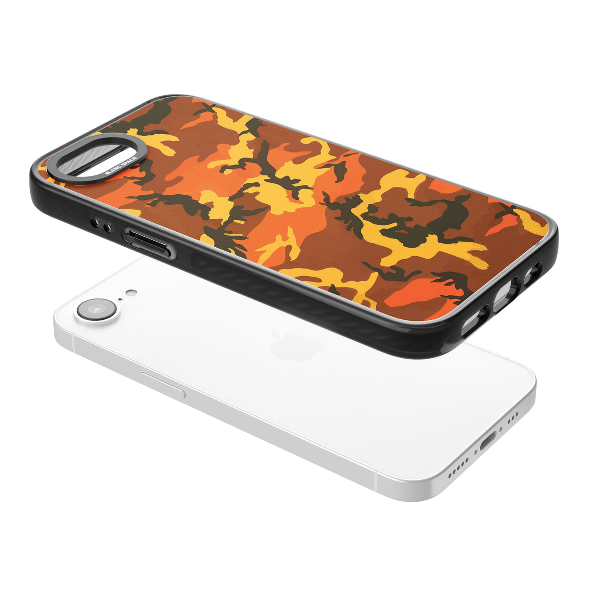 Orange Camo iPhone 16e / iPhone 17e Impact Black Phone Case angled