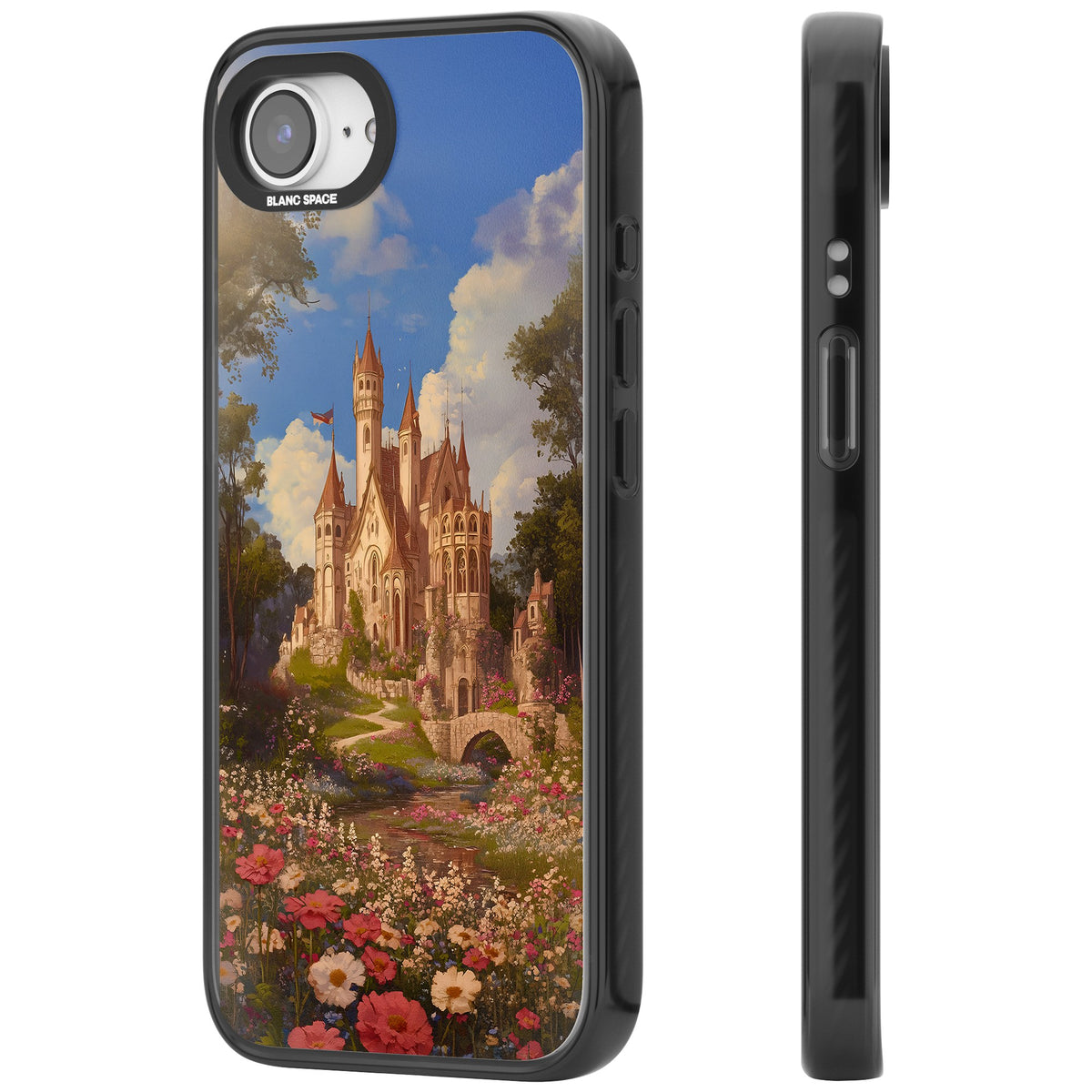 Castle Flower Fields iPhone 16e / iPhone 17e Impact Black Phone Case side