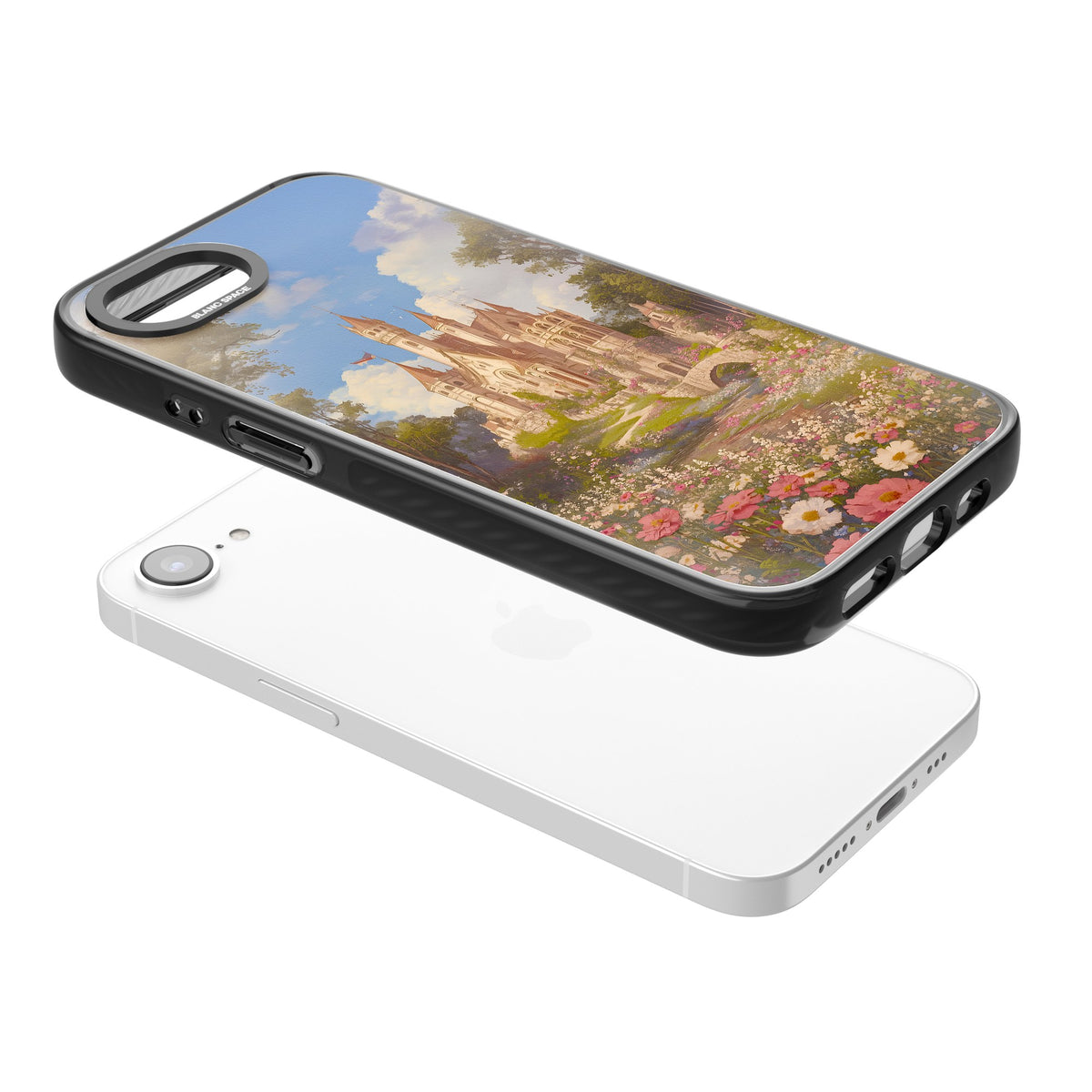Castle Flower Fields iPhone 16e / iPhone 17e Impact Black Phone Case angled