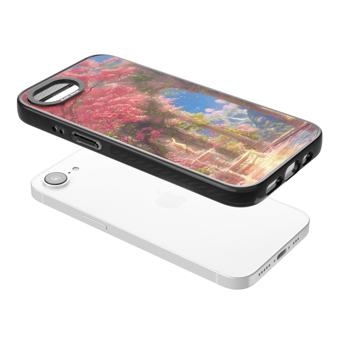 Castle Blossom iPhone 16e / iPhone 17e Impact Black Phone Case angled