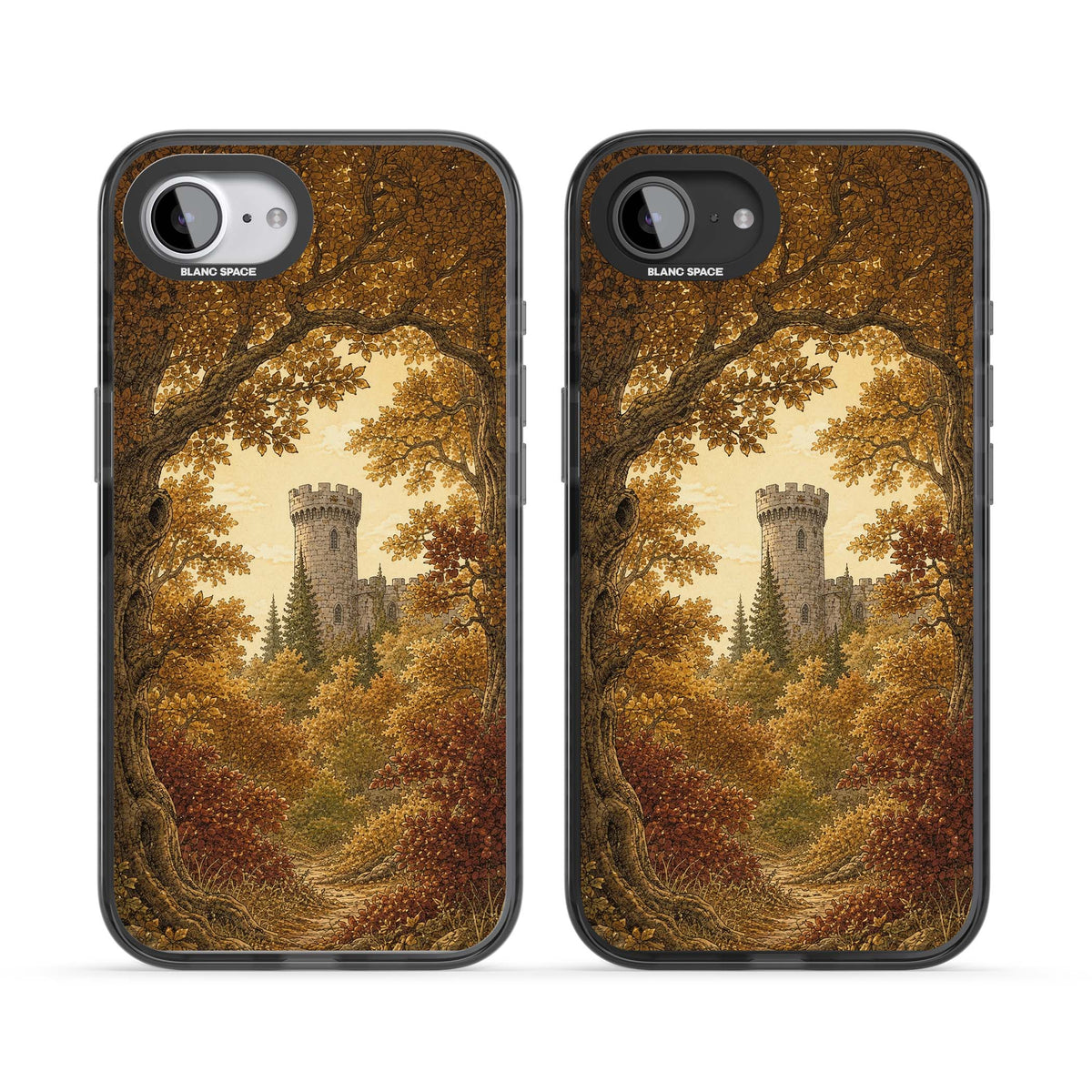 Autumn Keep cottagecore iPhone case featuring a medieval castle tower framed by golden autumn trees and woodland foliage | Black Impact case for iPhone 16e, iPhone 17e