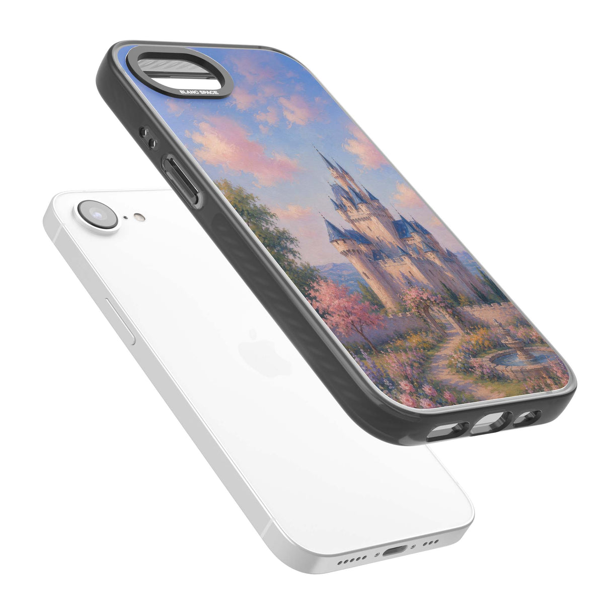 Enchanted Kingdom fairytale iPhone case featuring a romantic castle painting with cherry blossoms and pastel pink sky | Black Impact case for iPhone 16e, iPhone 17e