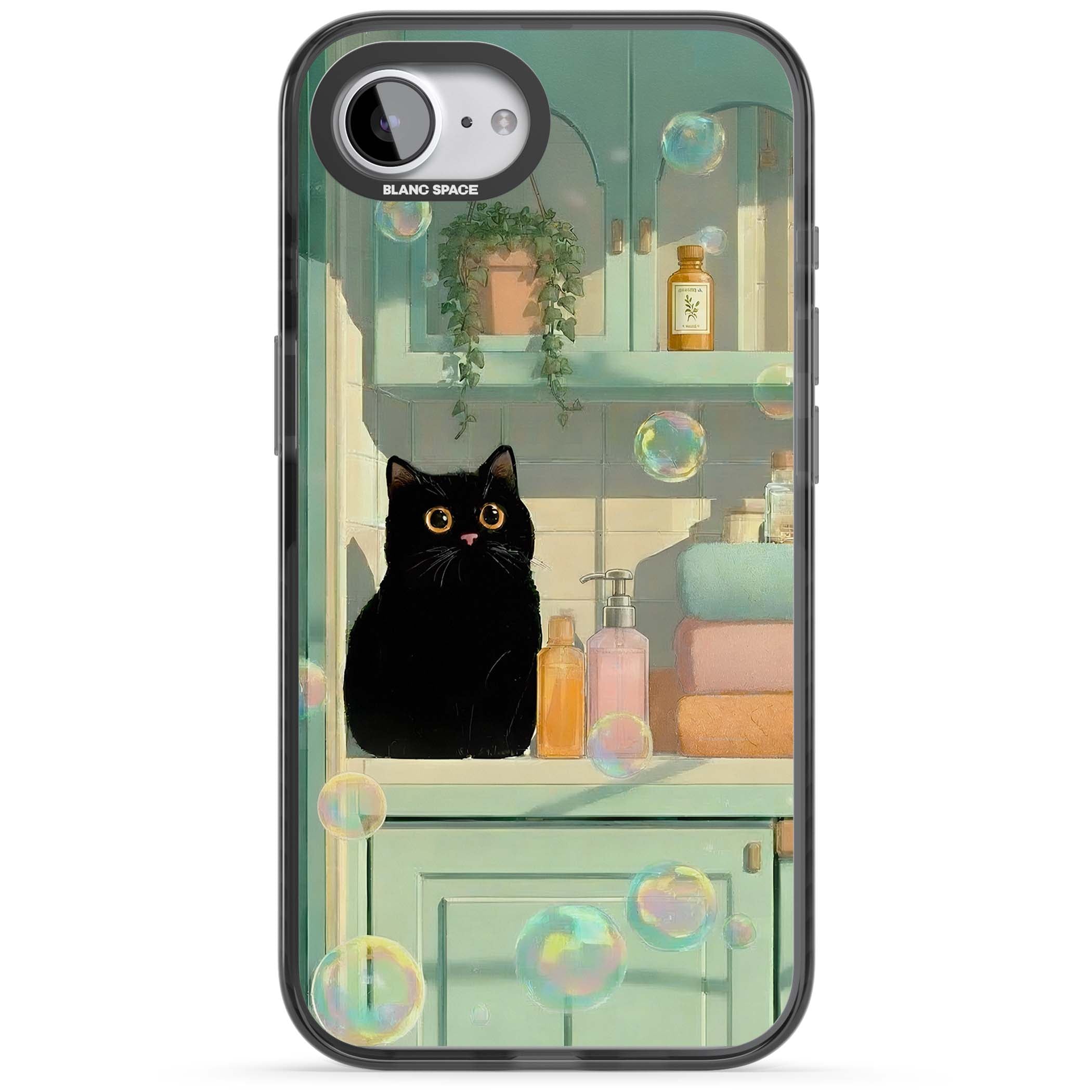 Bathroom Bubble Kitty cottagecore iPhone case featuring a black cat, mint bathroom scene and floating soap bubbles | Black Impact case for iPhone 16e, iPhone 17e