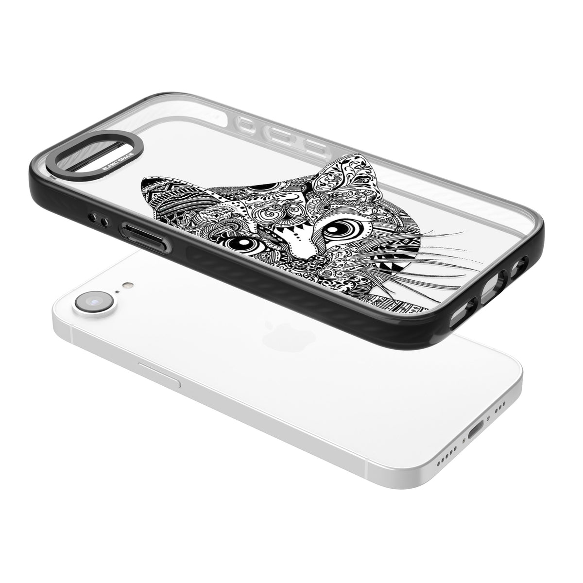 Henna Cat iPhone 16e / iPhone 17e Impact Black Phone Case angled