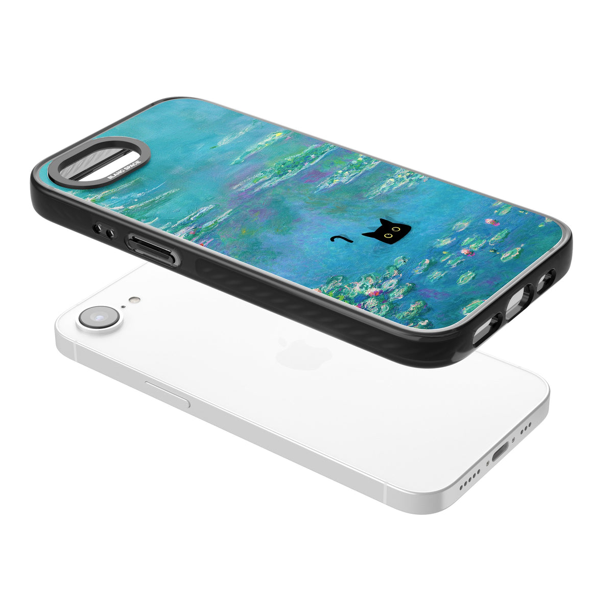 Cat in Monet's Water Lillies iPhone 16e / iPhone 17e Impact Black Phone Case angled