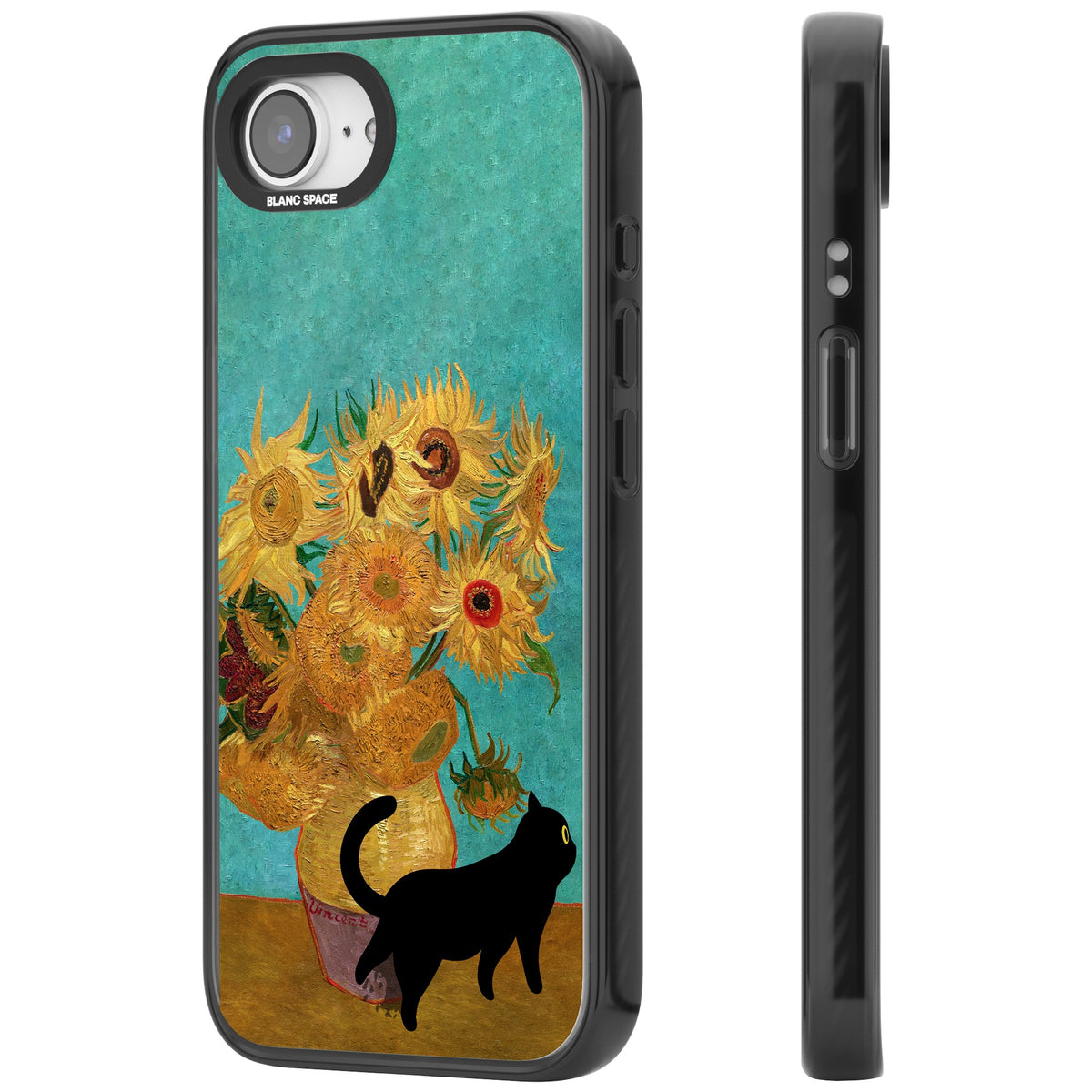 Cat with Van Gogh's Sunflowers iPhone 16e / iPhone 17e Impact Black Phone Case side