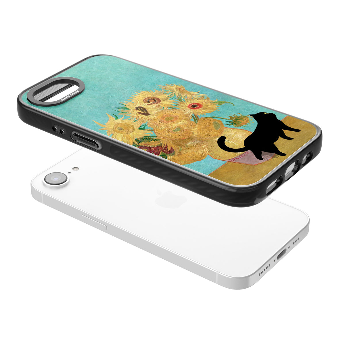 Cat with Van Gogh's Sunflowers iPhone 16e / iPhone 17e Impact Black Phone Case angled