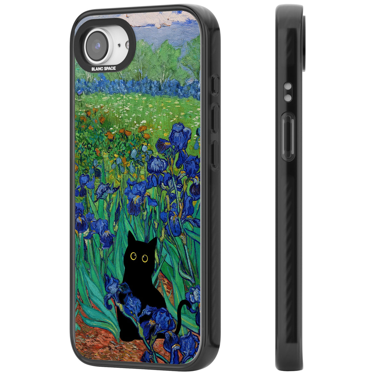 Cat in Van Gogh's Irises iPhone 16e / iPhone 17e Impact Black Phone Case side