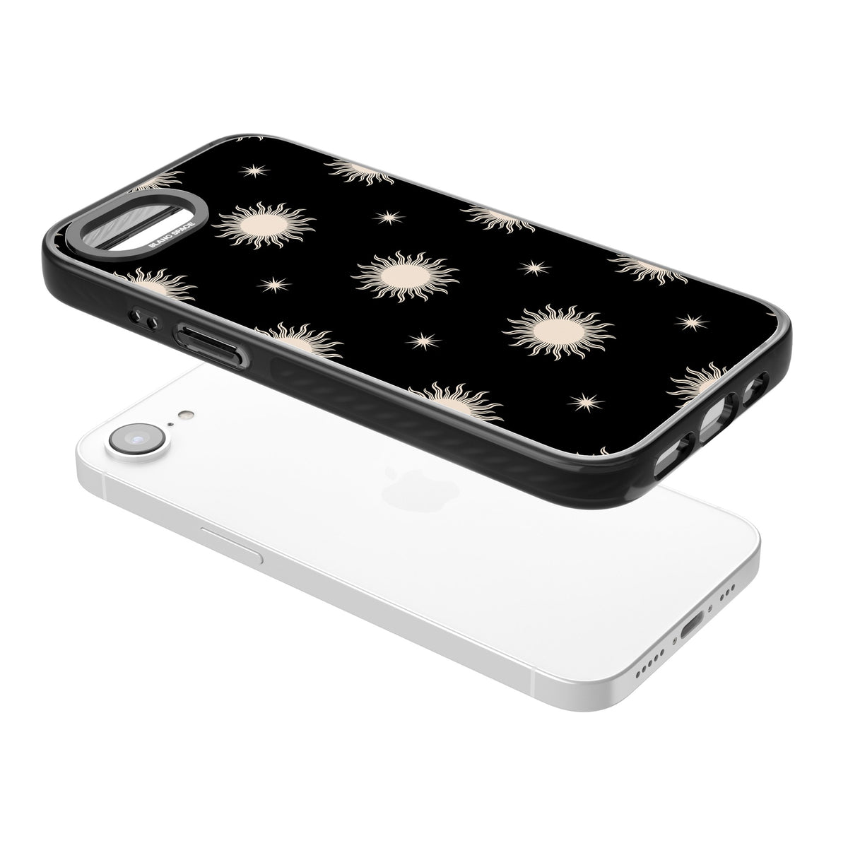Celestial Patterns Classic Suns (Black) iPhone 16e / iPhone 17e Impact Black Phone Case angled