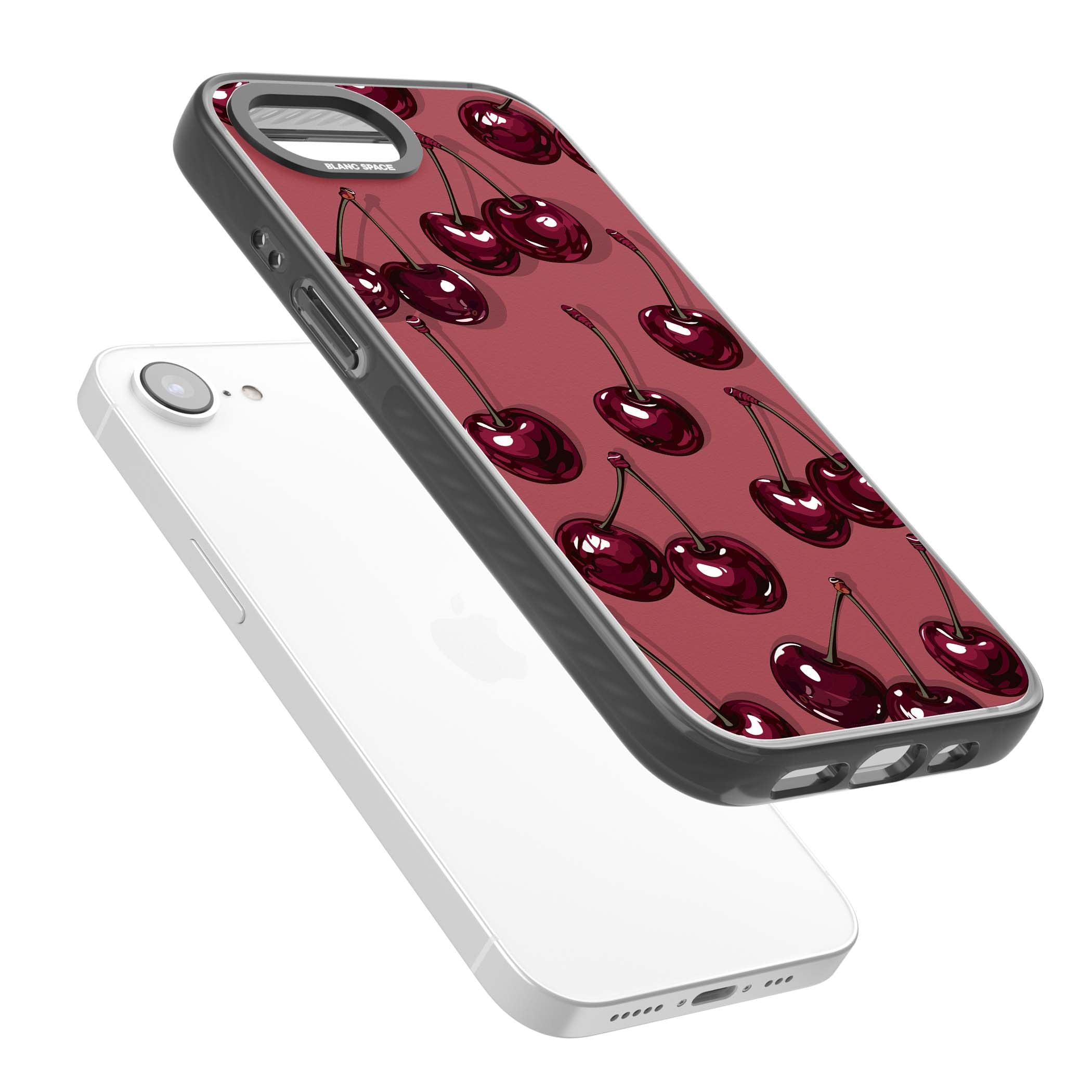 Cherry Rebel coquette iPhone case featuring glossy burgundy cherries on a dusty rose background | Black Impact case for iPhone 16e, iPhone 17e