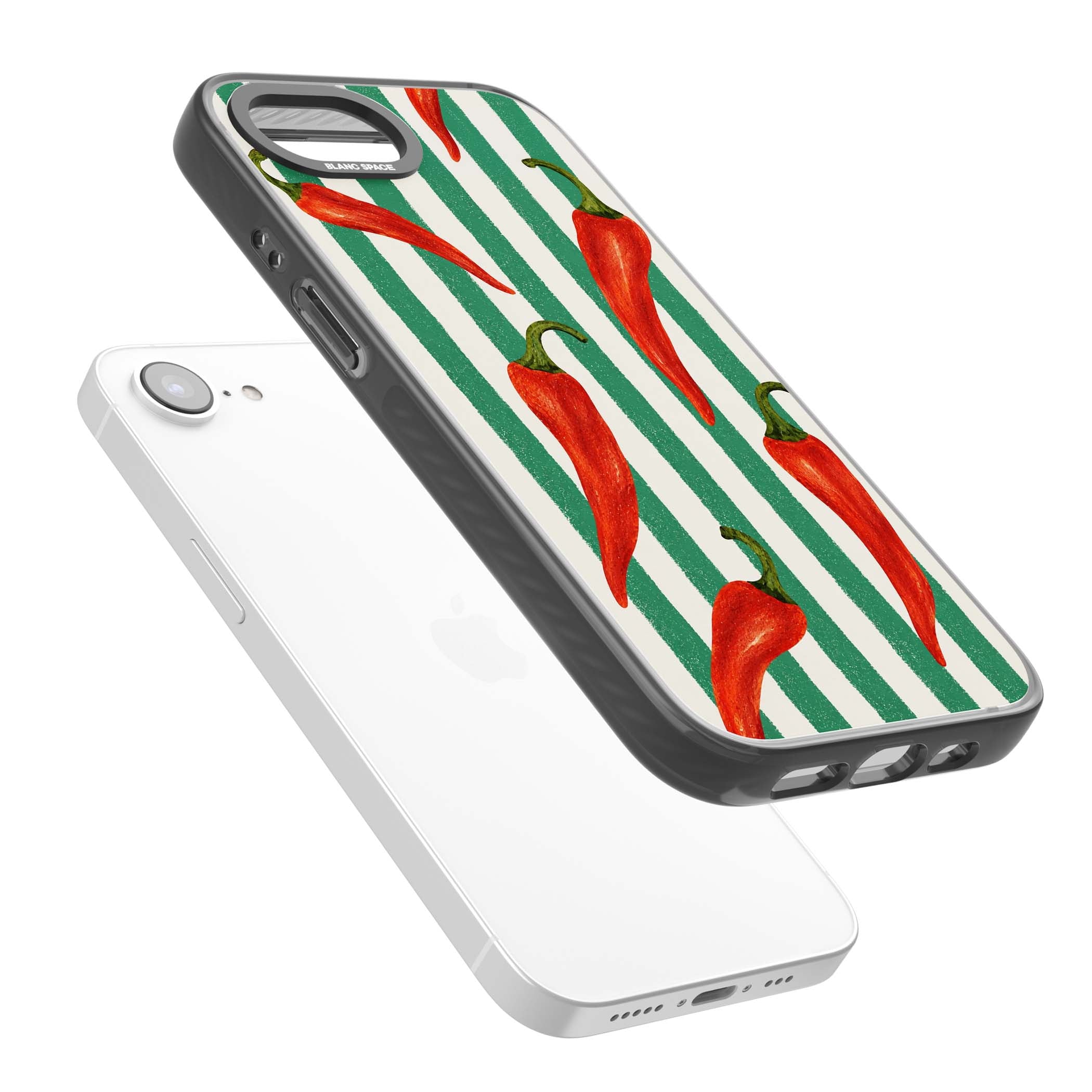Striped Chillis coastal iPhone case featuring hand-painted red chili peppers on green and cream stripes | Black Impact case for iPhone 16e, iPhone 17e