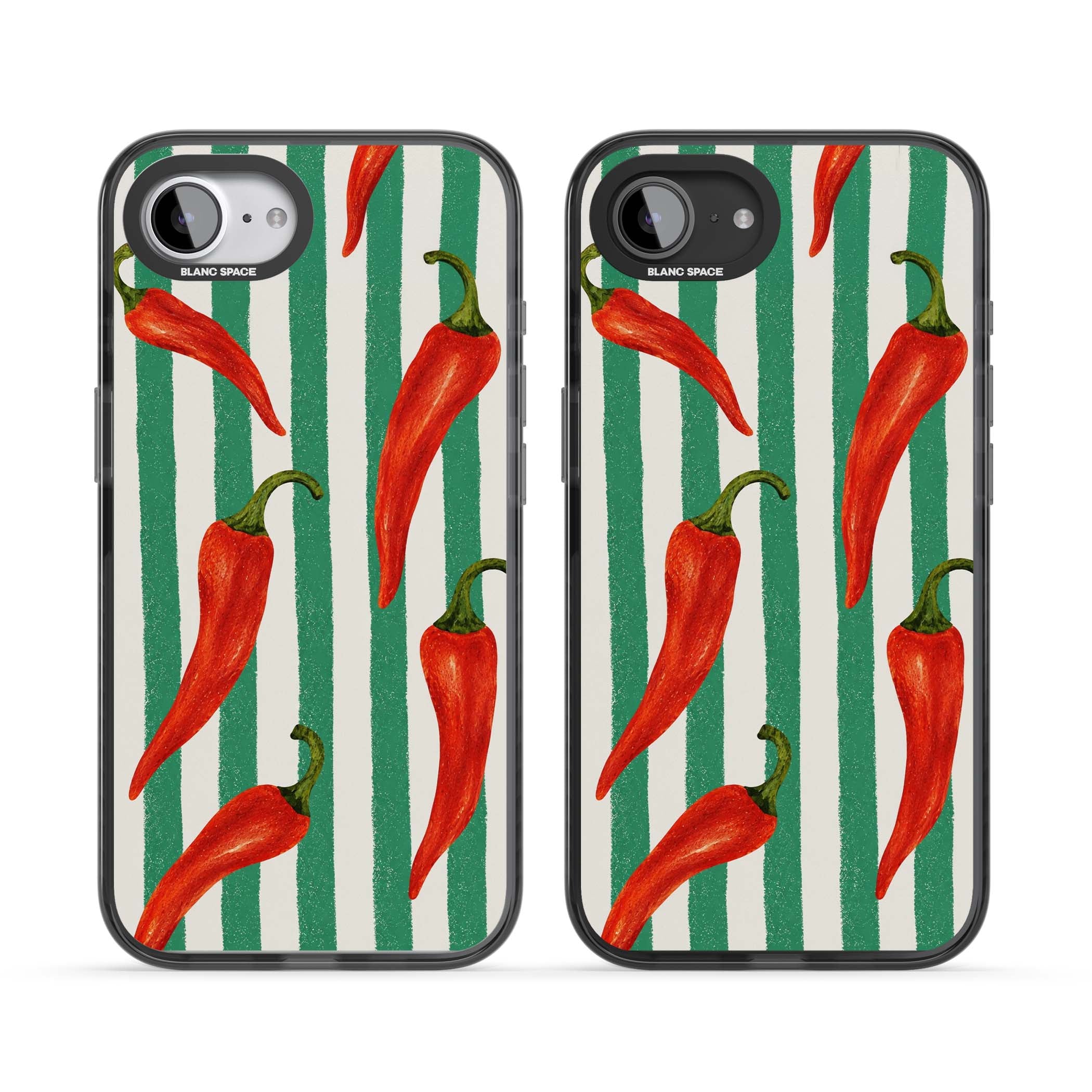 Striped Chillis coastal iPhone case featuring hand-painted red chili peppers on green and cream stripes | Black Impact case for iPhone 16e, iPhone 17e