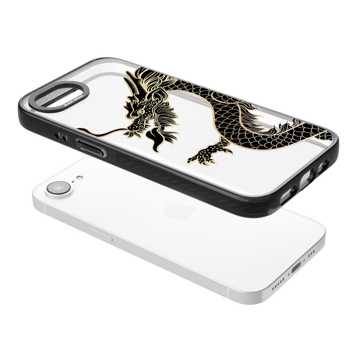 Large Black Dragon iPhone 16e / iPhone 17e Impact Black Phone Case angled