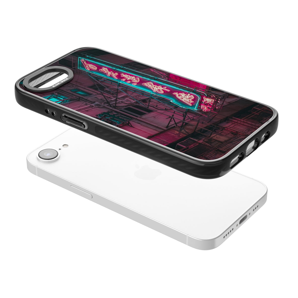 Neon Kanji Cityscape iPhone 16e / iPhone 17e Impact Black Phone Case angled