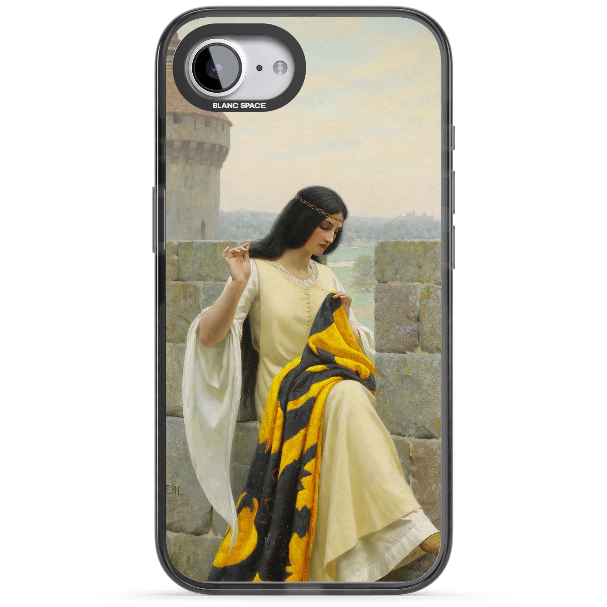 Stitching the Standard renaissance art iPhone case featuring a medieval lady sewing a golden banner on a castle wall | Black Impact case for iPhone 16e, iPhone 17e