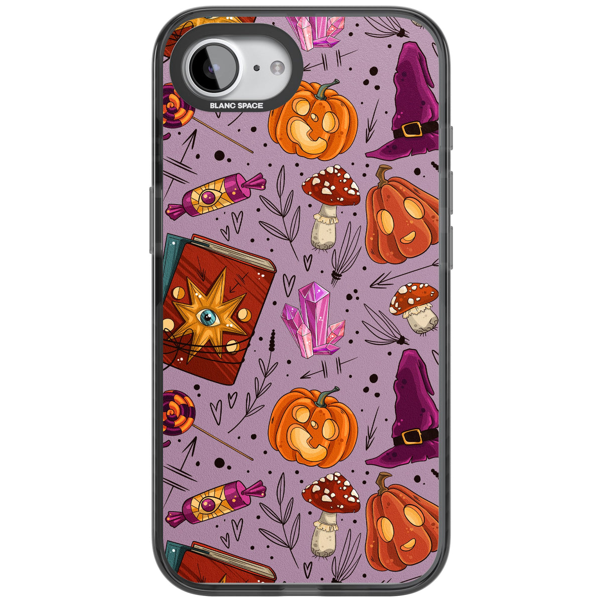 Witchy Cartoon Halloween Pattern iPhone 16e / iPhone 17e Impact Black Phone Case front