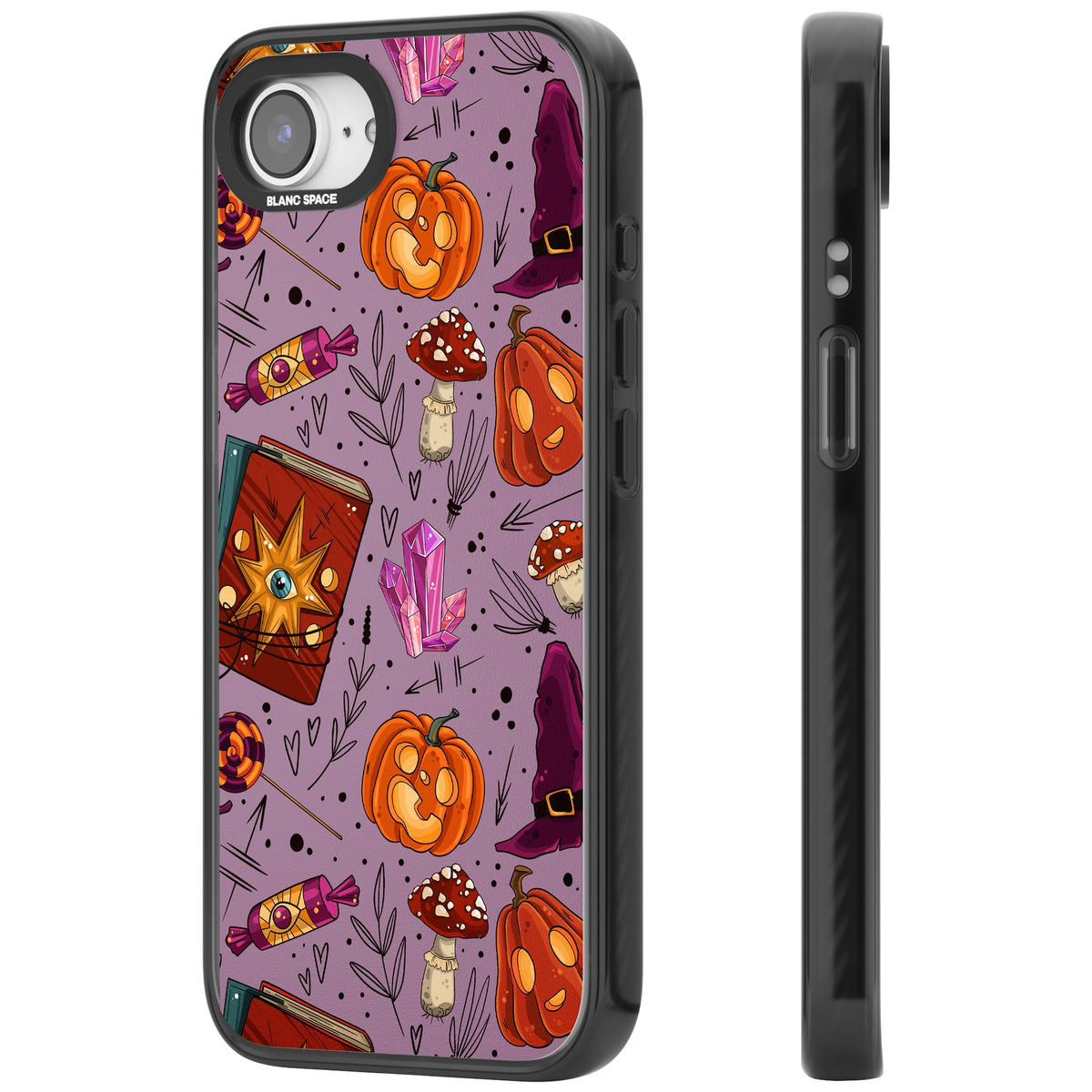 Witchy Cartoon Halloween Pattern iPhone 16e / iPhone 17e Impact Black Phone Case side