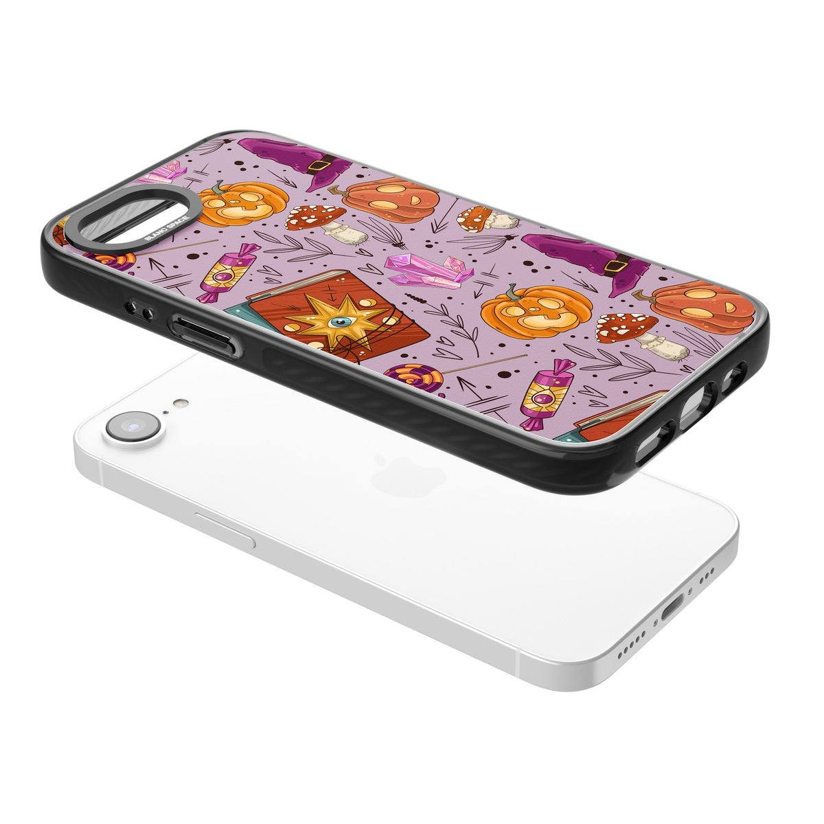 Witchy Cartoon Halloween Pattern iPhone 16e / iPhone 17e Impact Black Phone Case angled