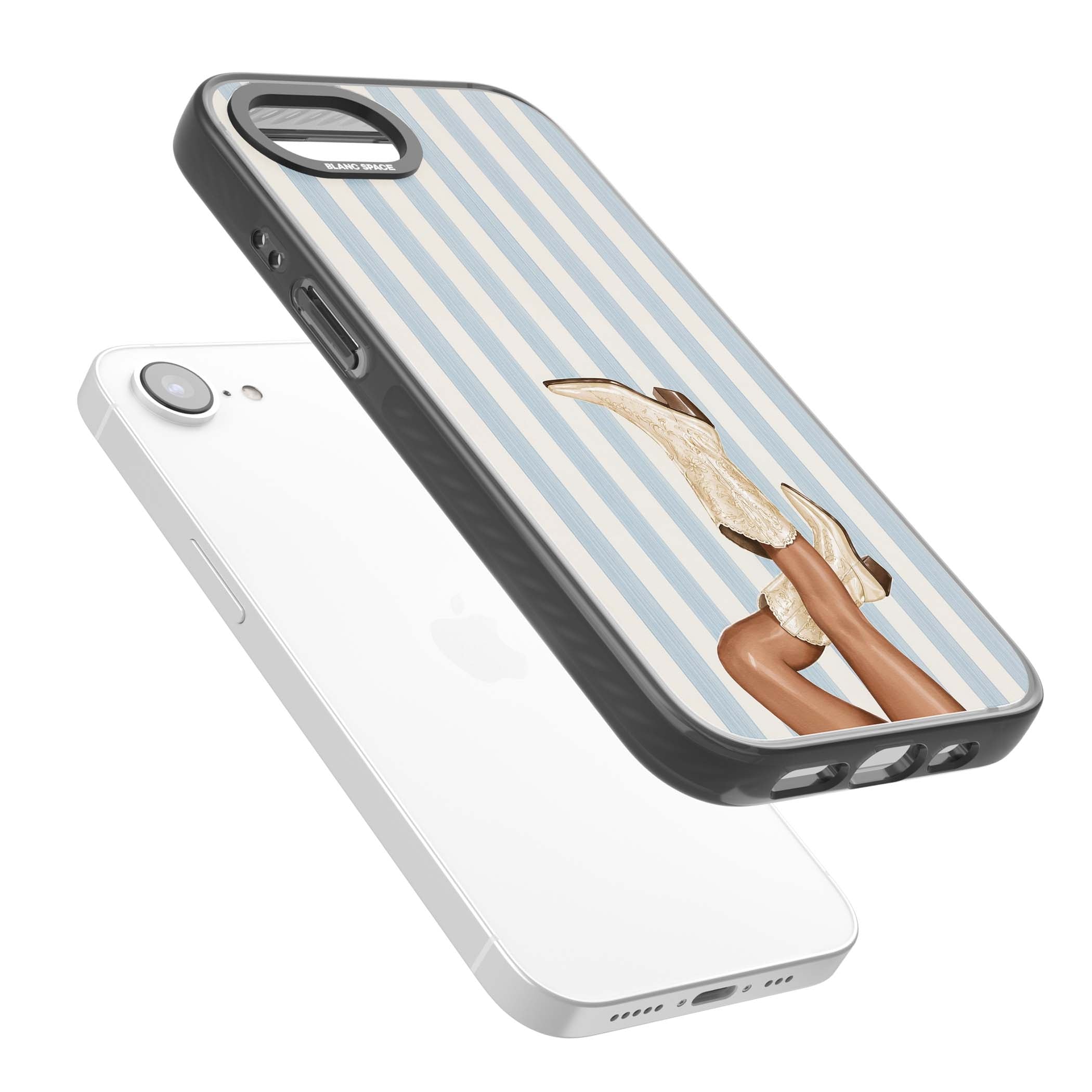 Cowgirl Boots coastal cowgirl iPhone case featuring embroidered western boots, tanned legs and a blue stripe backdrop | Black Impact case for iPhone 16e, iPhone 17e